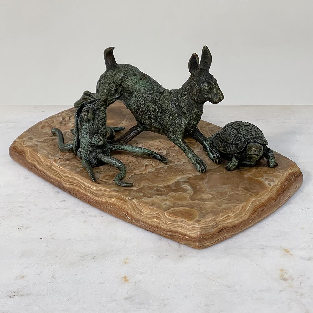 19th Century, French, Cold Painted Bronze on Onyx, Tortoise & Hare For Sale 1