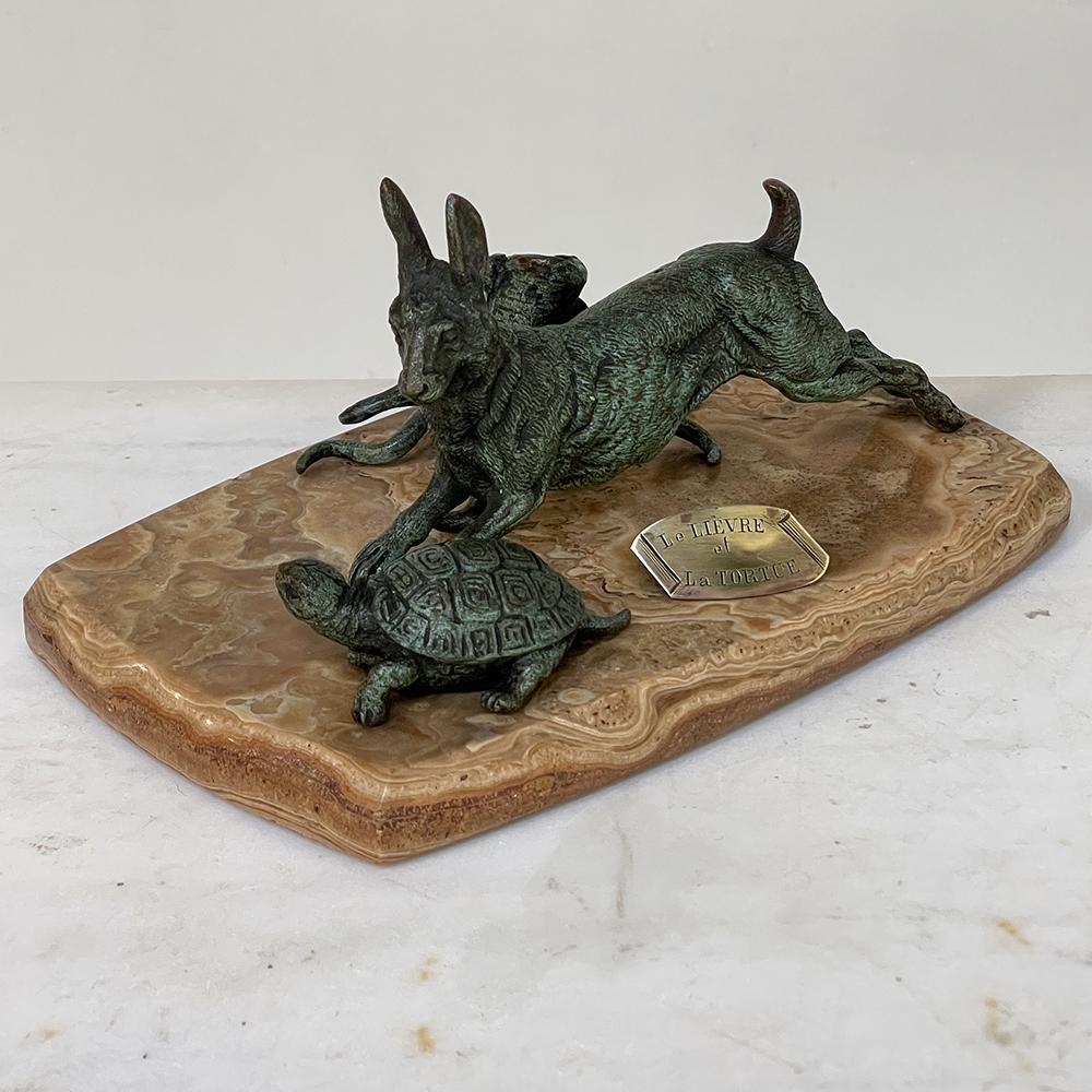 19th Century, French, Cold Painted Bronze on Onyx, Tortoise & Hare For Sale 2