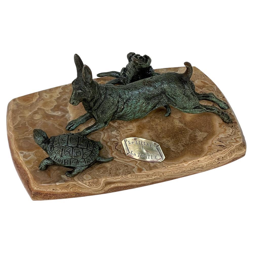 19th Century, French, Cold Painted Bronze on Onyx, Tortoise & Hare For Sale