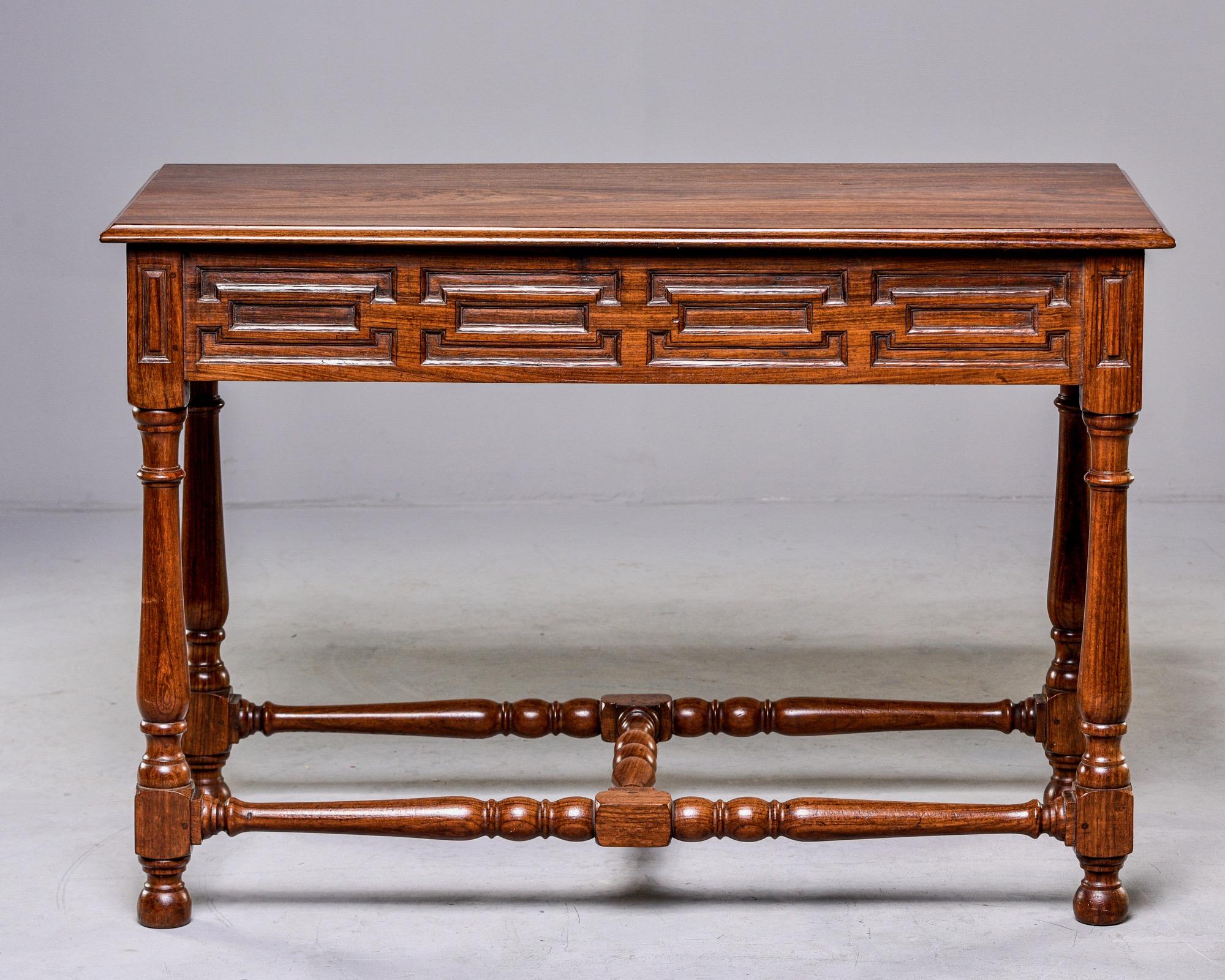 French mahogany console with rectangular link design in relief on apron and sides, circa 1850s. Turned legs and stretchers. Unknown maker. Two tables available at time of this posting. Sold and priced individually. 

Measures: Floor to Apron: