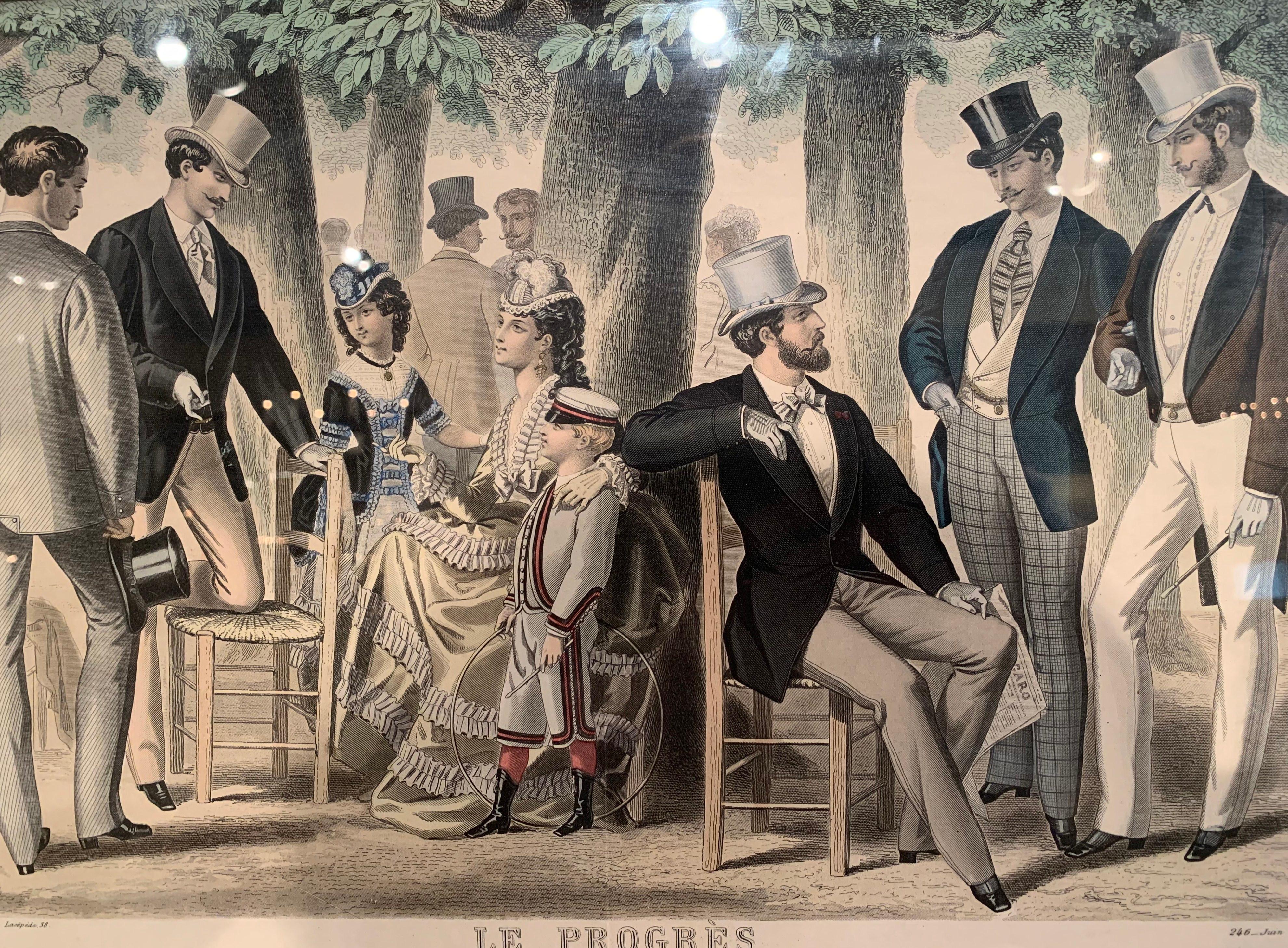 19th Century French Color Men Fashion Prints Framed Dated 1868 'Set of Seven' 2