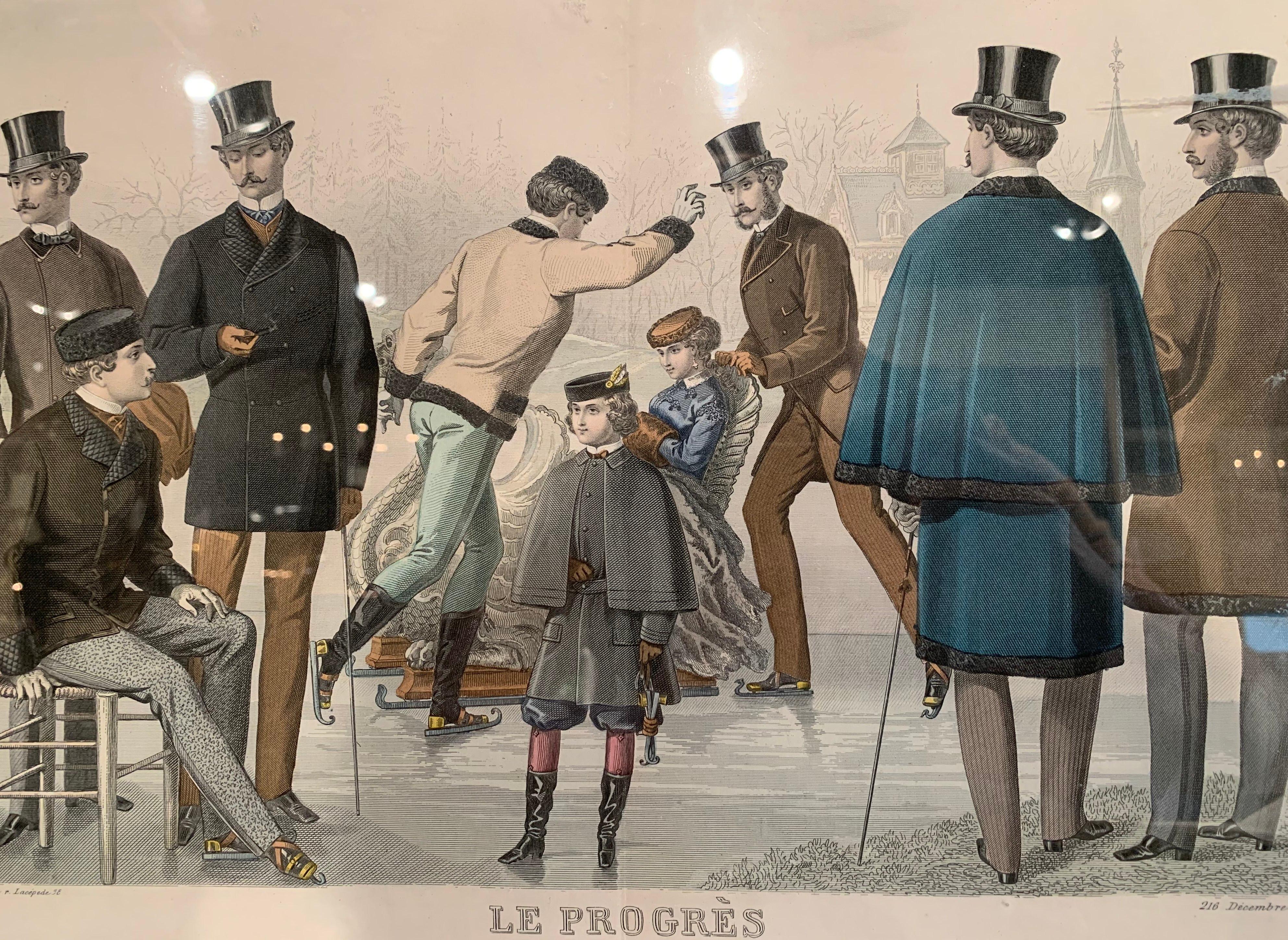 19th Century French Color Men Fashion Prints Framed Dated 1868 'Set of Seven' 5