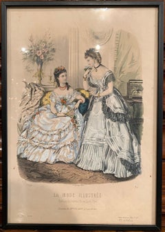 gravures de mode féminine en couleur du 19ème siècle:: encadrées et datées de 1870 "Ensemble de sept"