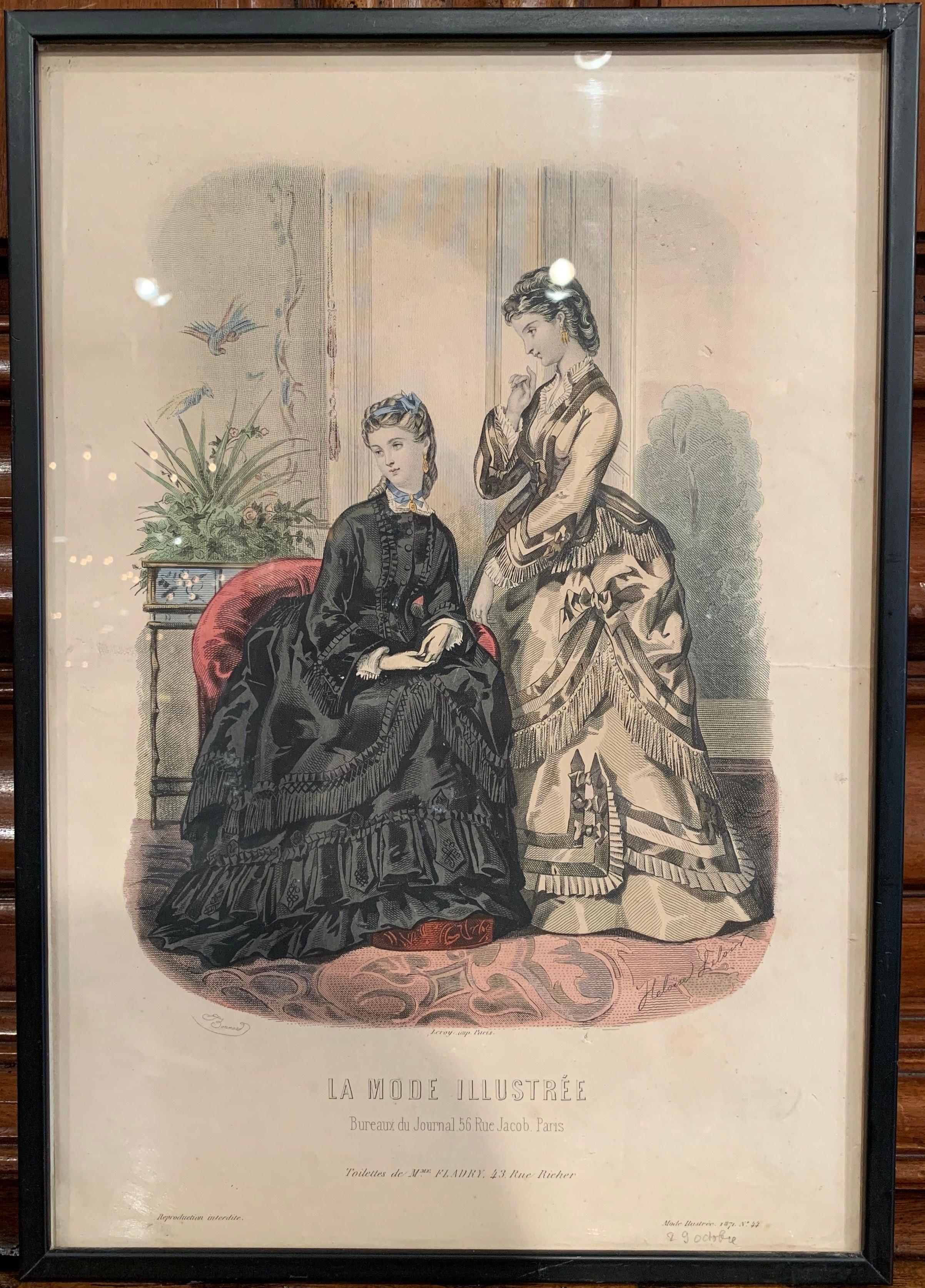 Napoleon III 19th Century French Color Women Fashion Prints Framed Dated 1870 'Set of Seven'