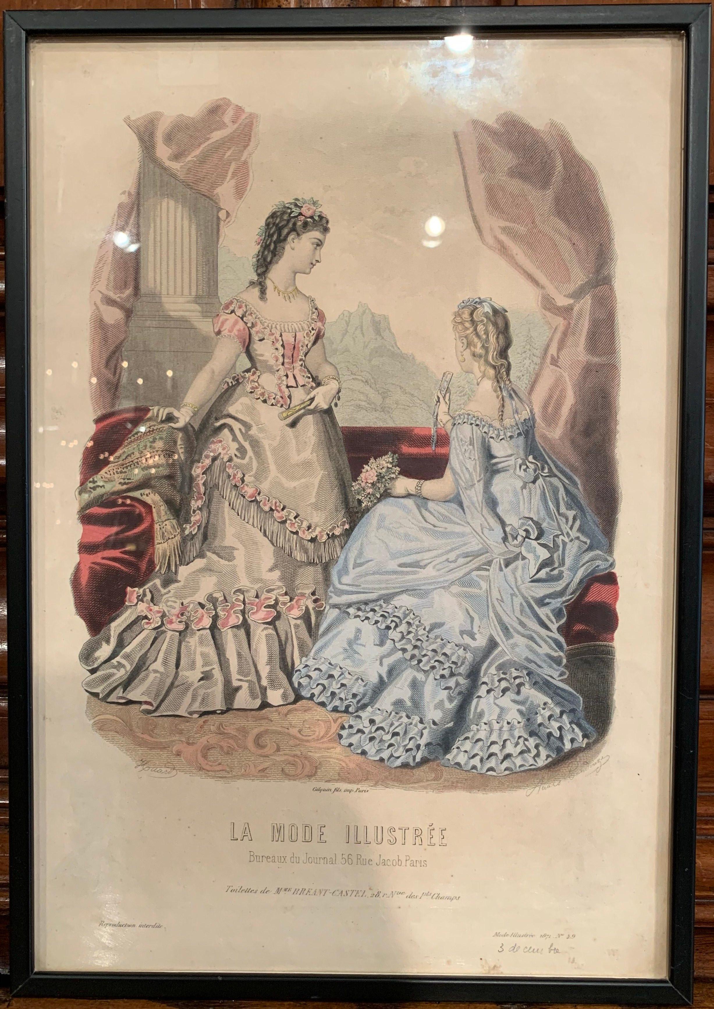 Hand-Painted 19th Century French Color Women Fashion Prints Framed Dated 1870 'Set of Seven'