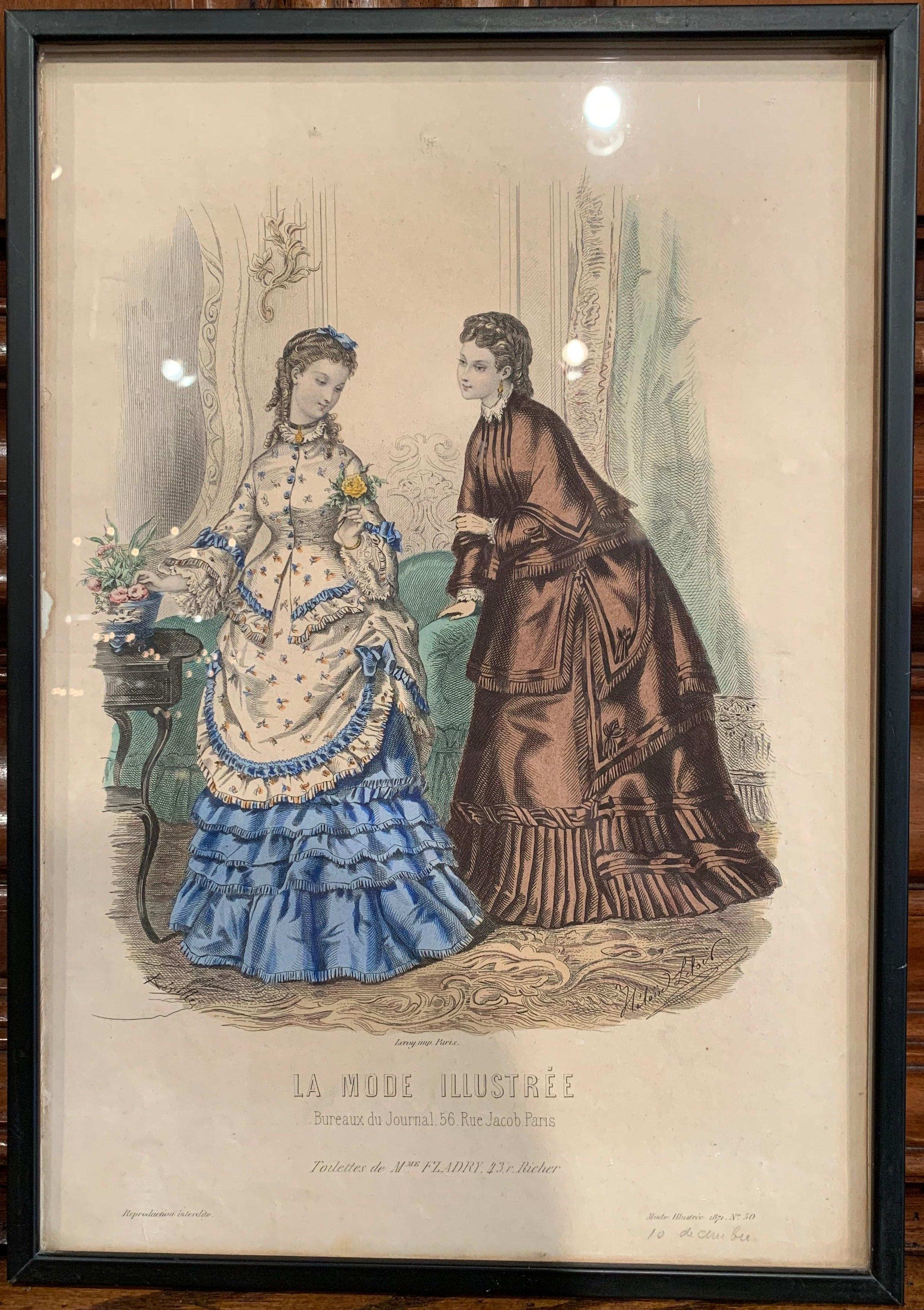19th Century French Color Women Fashion Prints Framed Dated 1870 'Set of Seven' In Excellent Condition In Dallas, TX