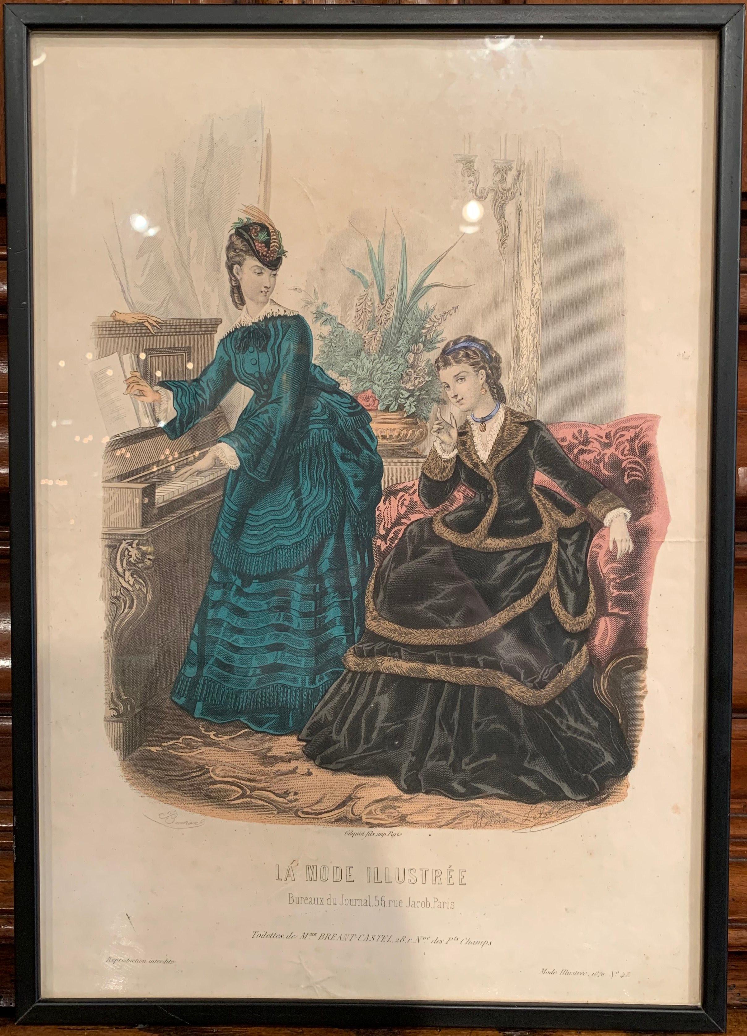 Glass 19th Century French Color Women Fashion Prints Framed Dated 1870 'Set of Seven'