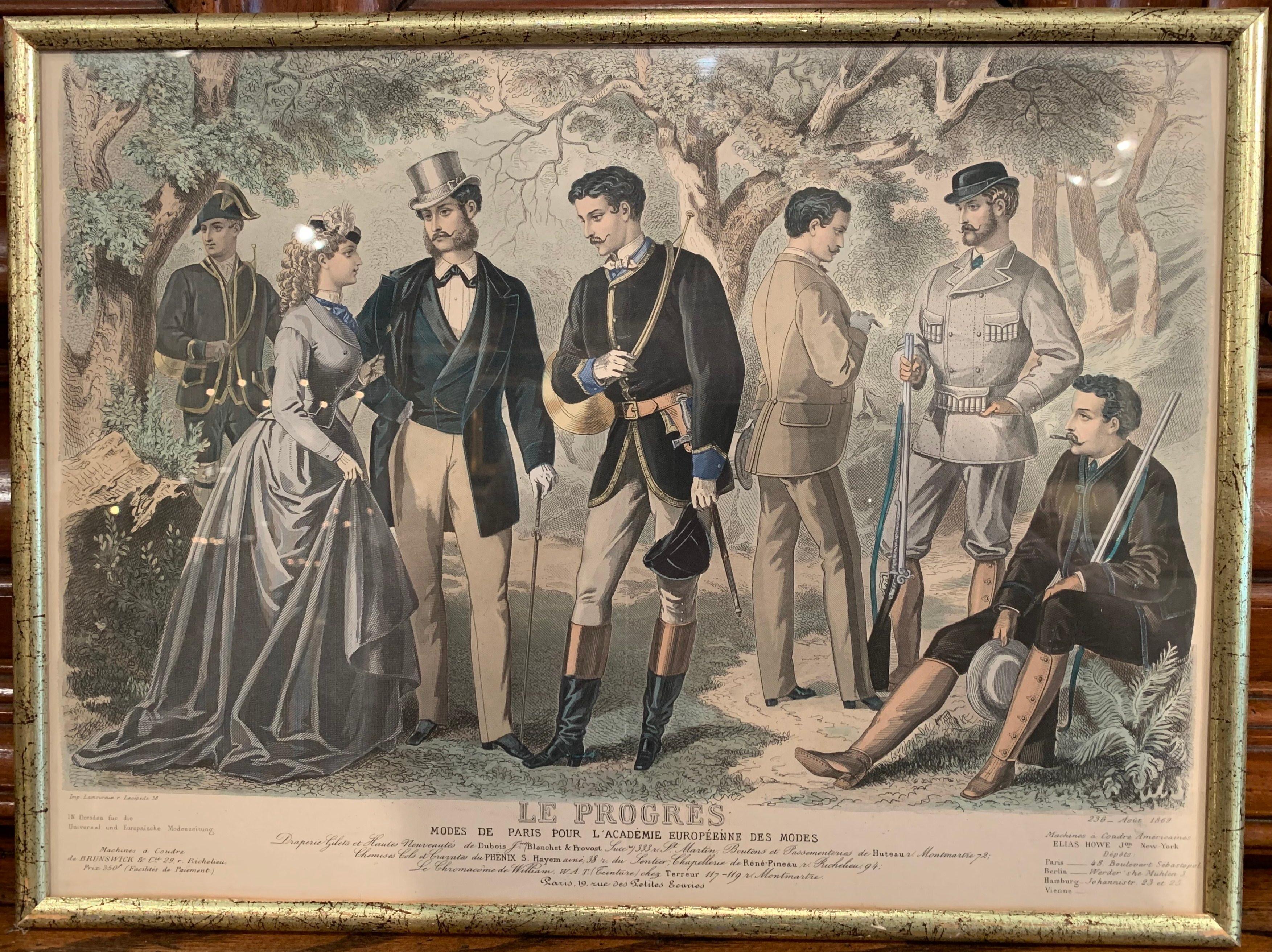 Hand-Crafted 19th Century French Color Men Fashion Prints Framed Dated 1868 'Set of Seven'