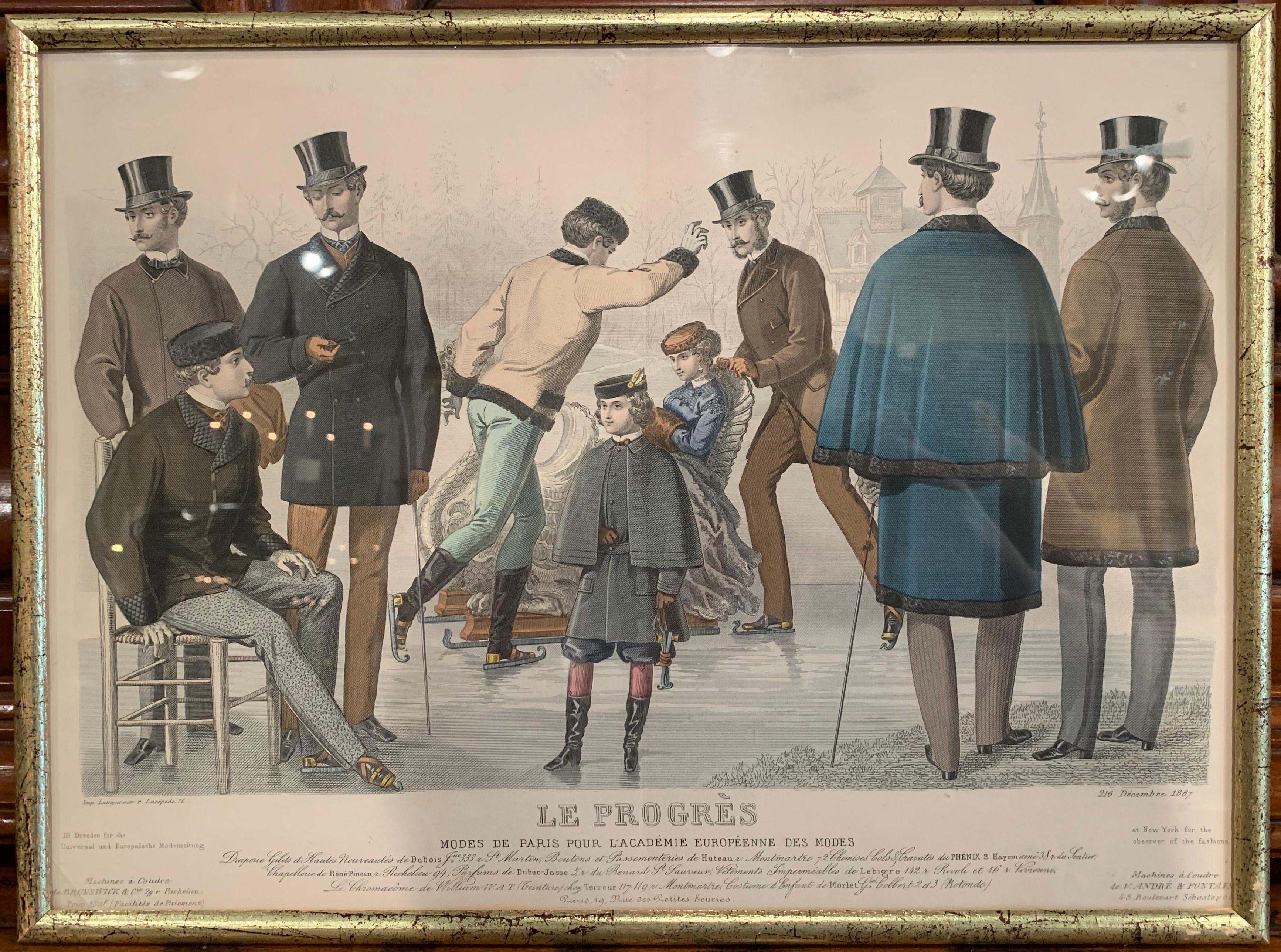 19th Century French Color Men Fashion Prints Framed Dated 1868 'Set of Seven' In Excellent Condition In Dallas, TX