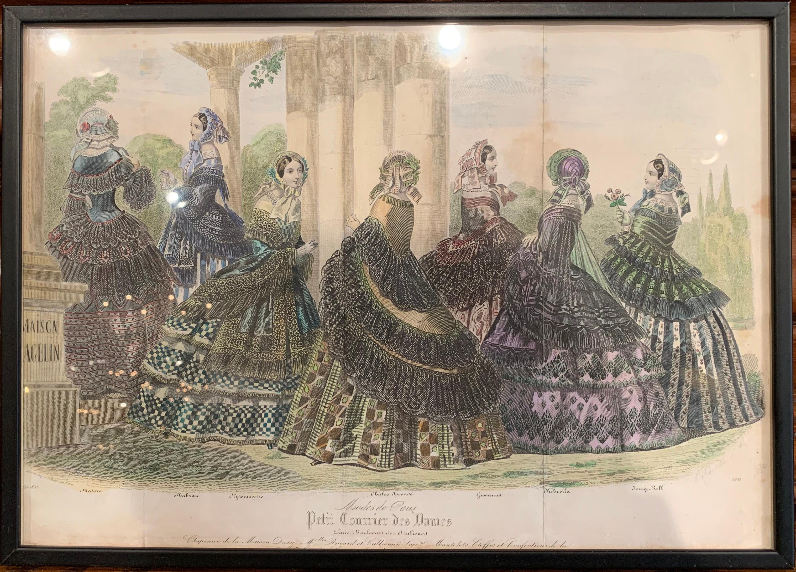 19th Century French Color Women Fashion Prints Framed Dated 1870 'Set of Seven' 2