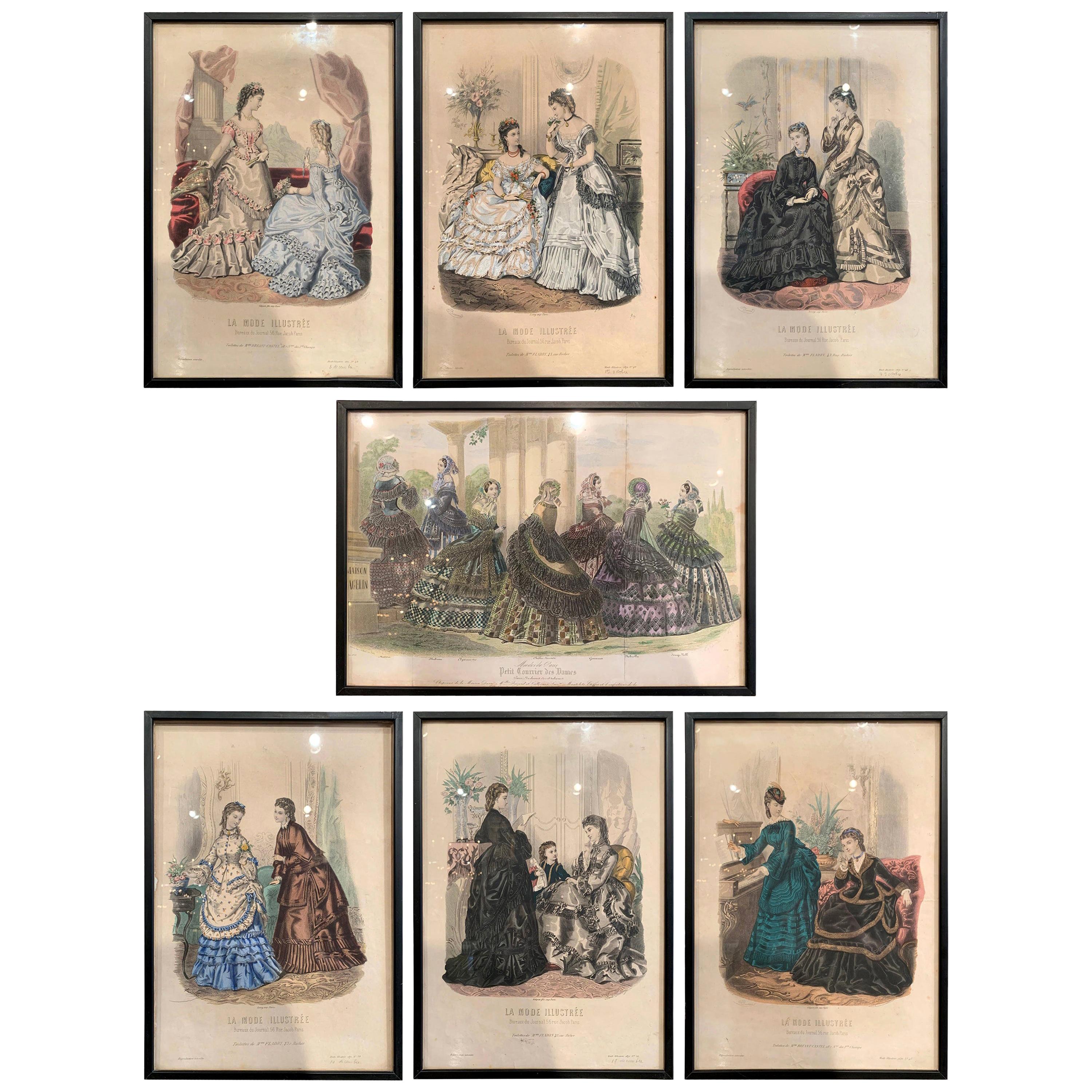 19th Century French Color Women Fashion Prints Framed Dated 1870 'Set of Seven'
