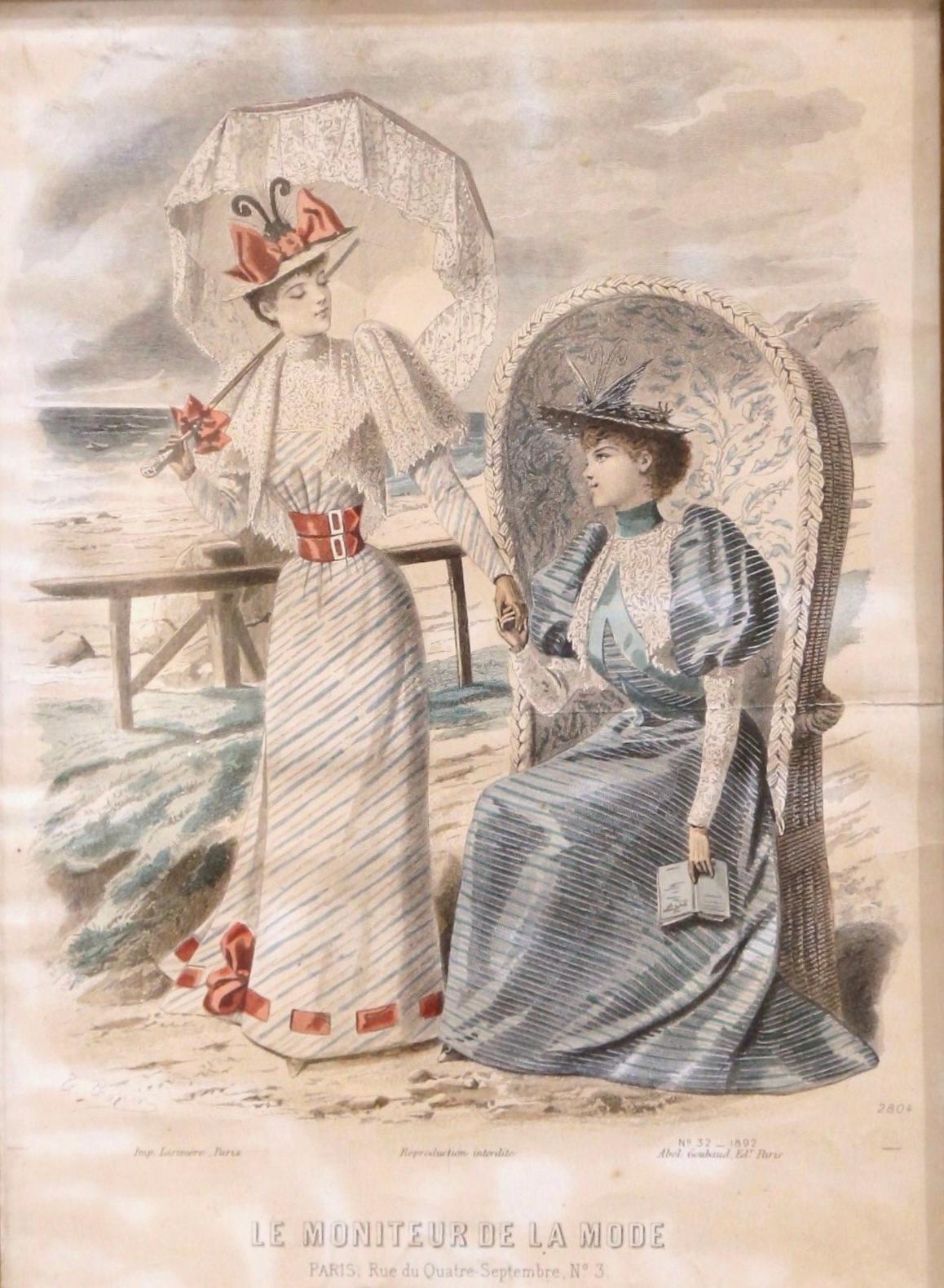 Estampes en couleur de mode françaises du XIXe siècle représentant des femmes encadrées, datées de 1890, lot de cinq en vente 4