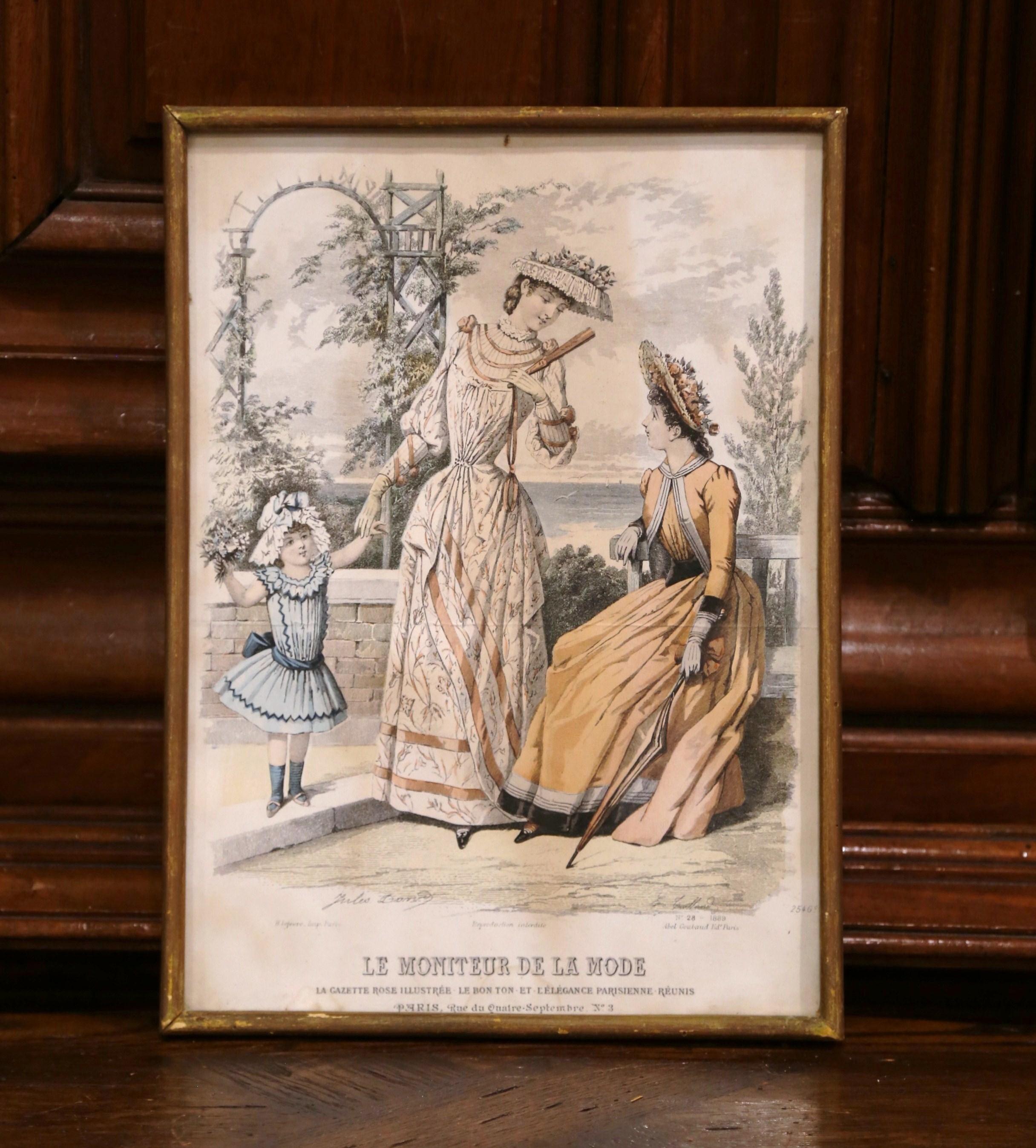 19th Century French Color Women Fashion Prints Framed Dated 1890 