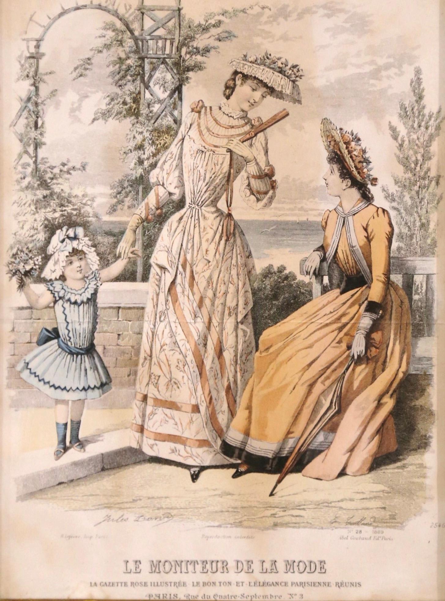 19th Century French Color Women Fashion Prints Framed Dated 1890 