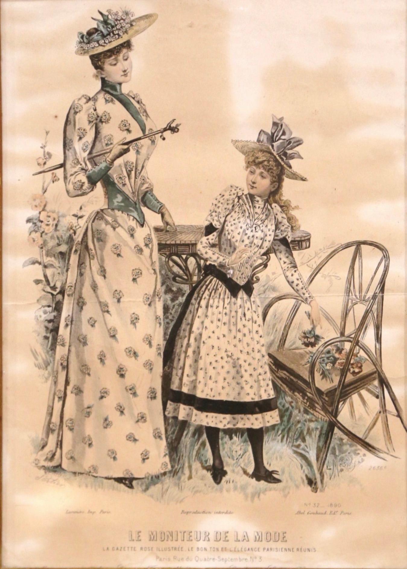 Estampes en couleur de mode françaises du XIXe siècle représentant des femmes encadrées, datées de 1890, lot de cinq en vente 2