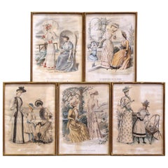 Antique 19th Century French Color Women Fashion Prints Framed Dated 1890 "Set of Five"