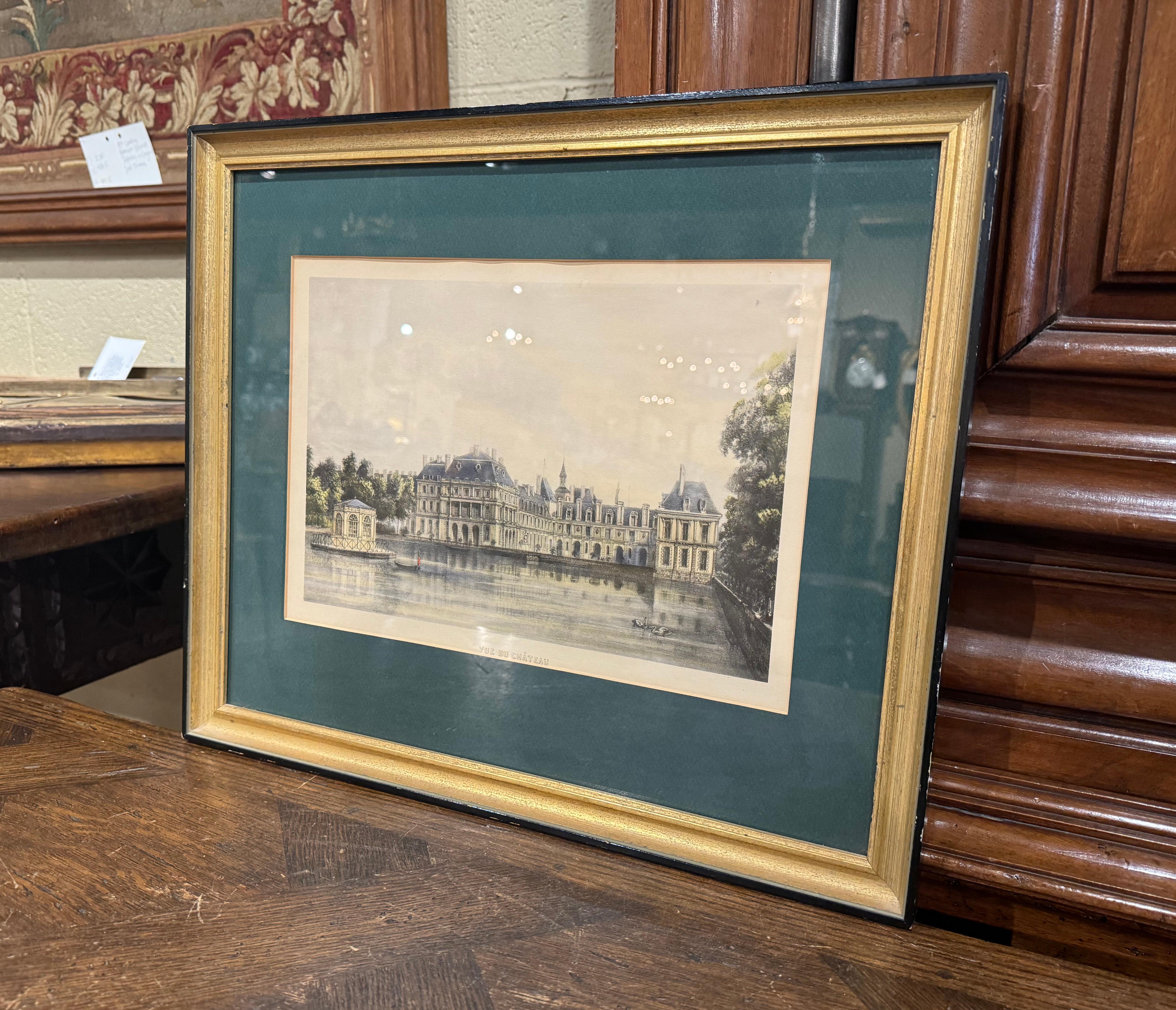 Decorate a study or office with this elegant antique framed watercolor. Created in France circa 1870, the artwork is set in a two-tone gilt and blackened frame; the hand colored print protected with glass, depicts the chateau of Fontainebleau. The