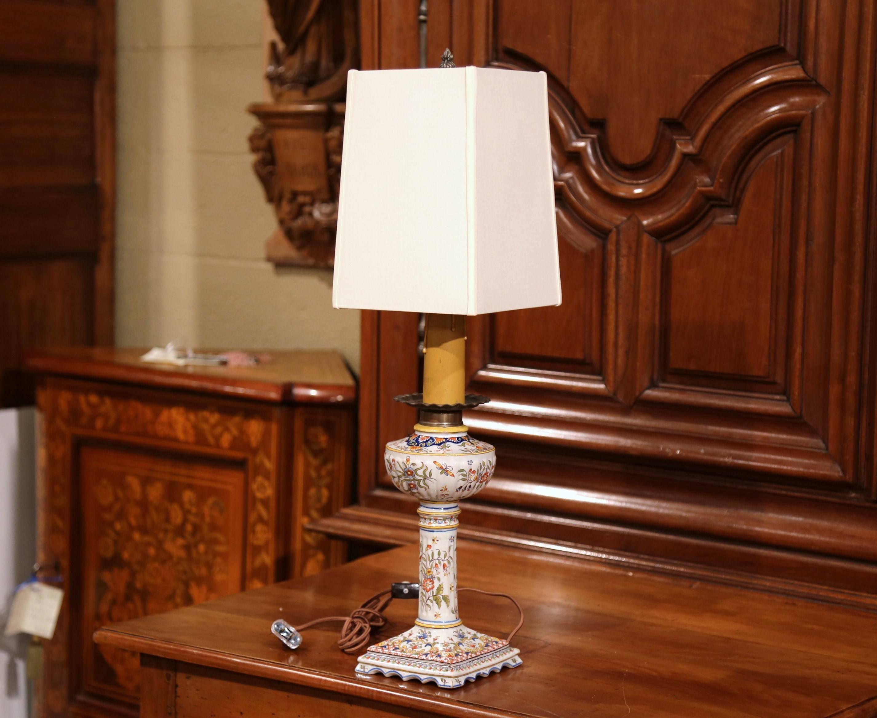 This elegant, antique table lamp was crafted in Prefailles on the west coast of France, circa 1880. The colorful 