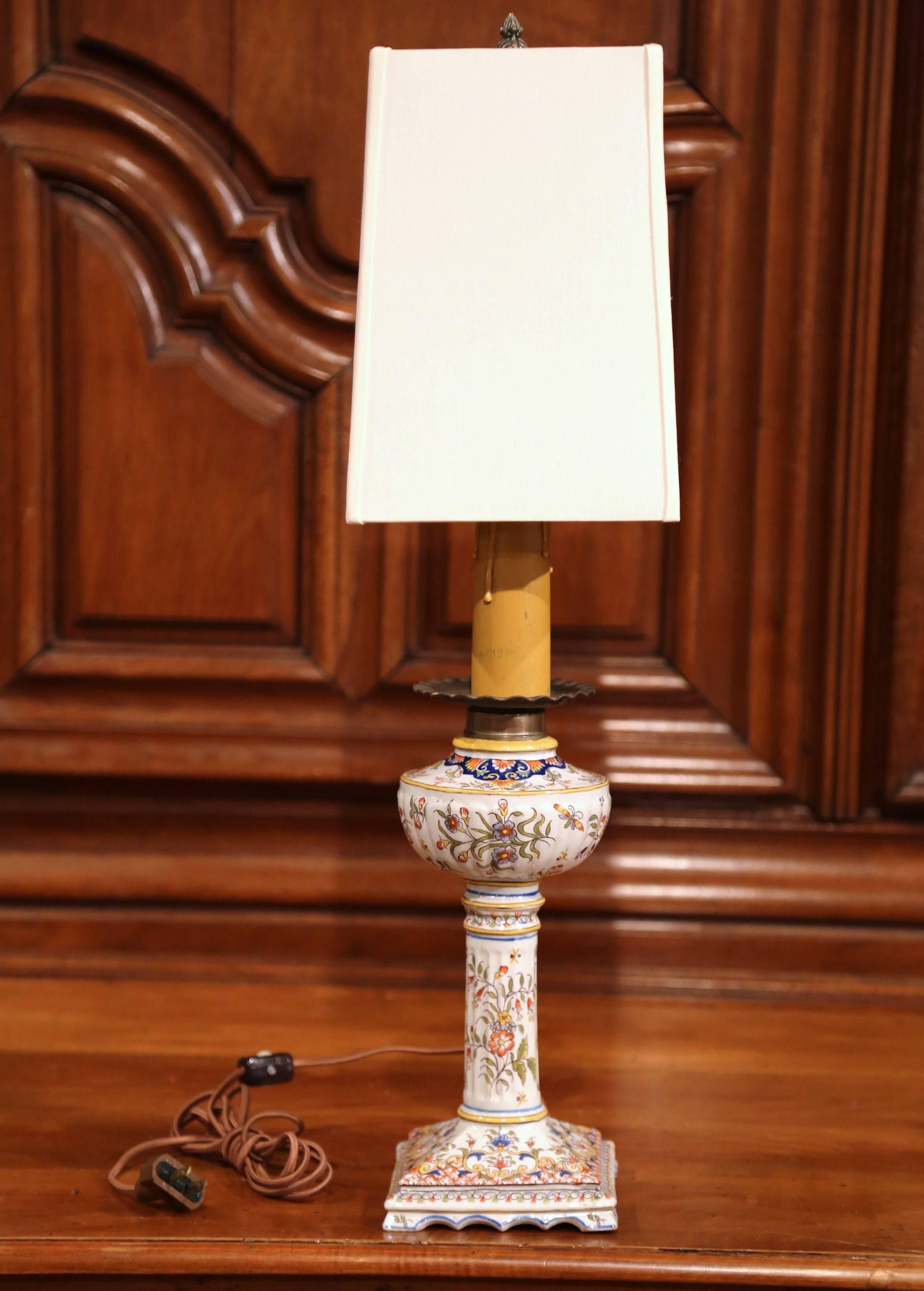 Hand-Crafted 19th Century French Hand Painted Ceramic Oil Table Lamp from Brittany