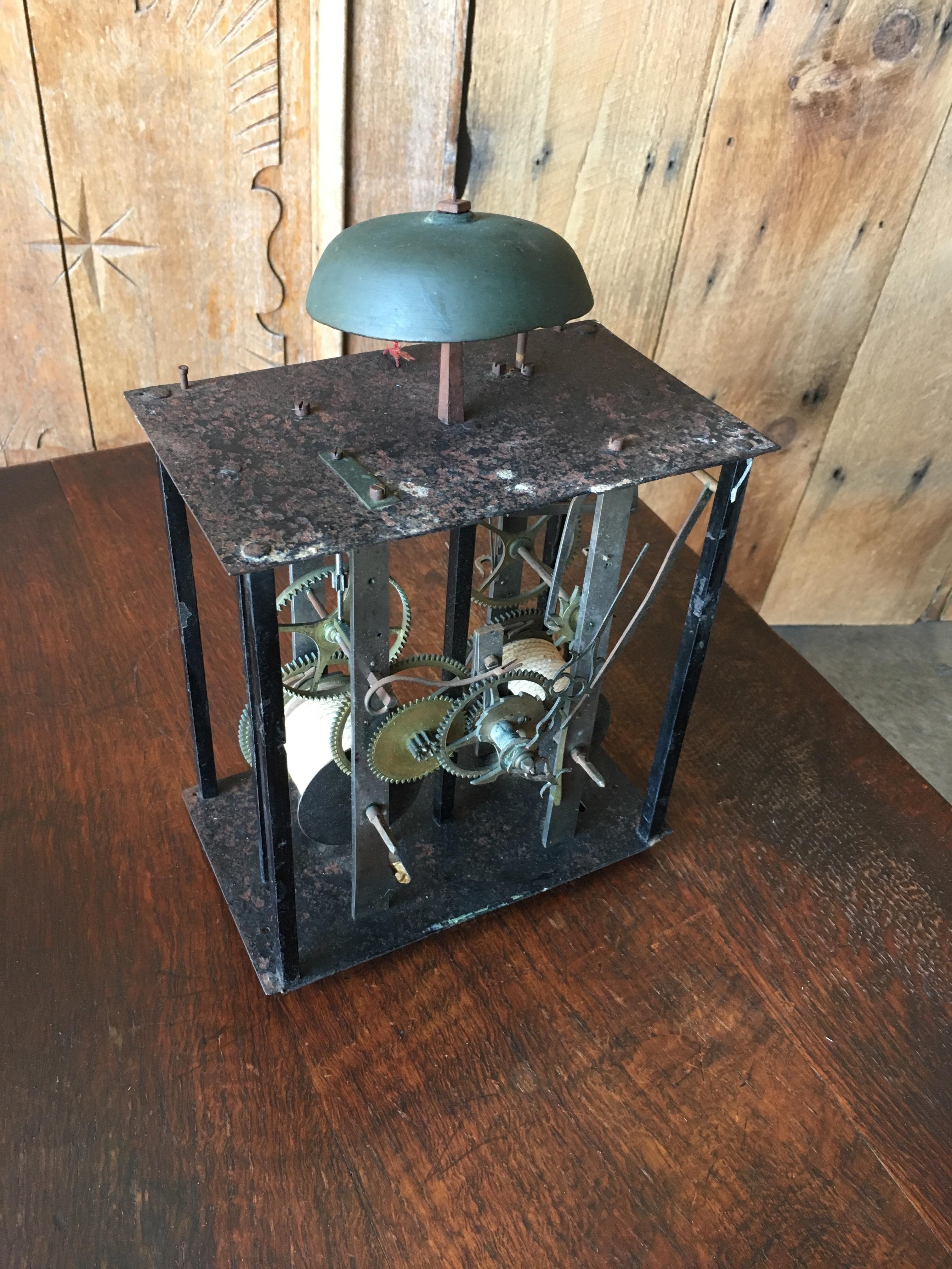 A great industrial accent for a tabletop or bookshelf the combination of brass and steel gears and a bronze bell. This movement is in non working condition and is used for decorative purposes.