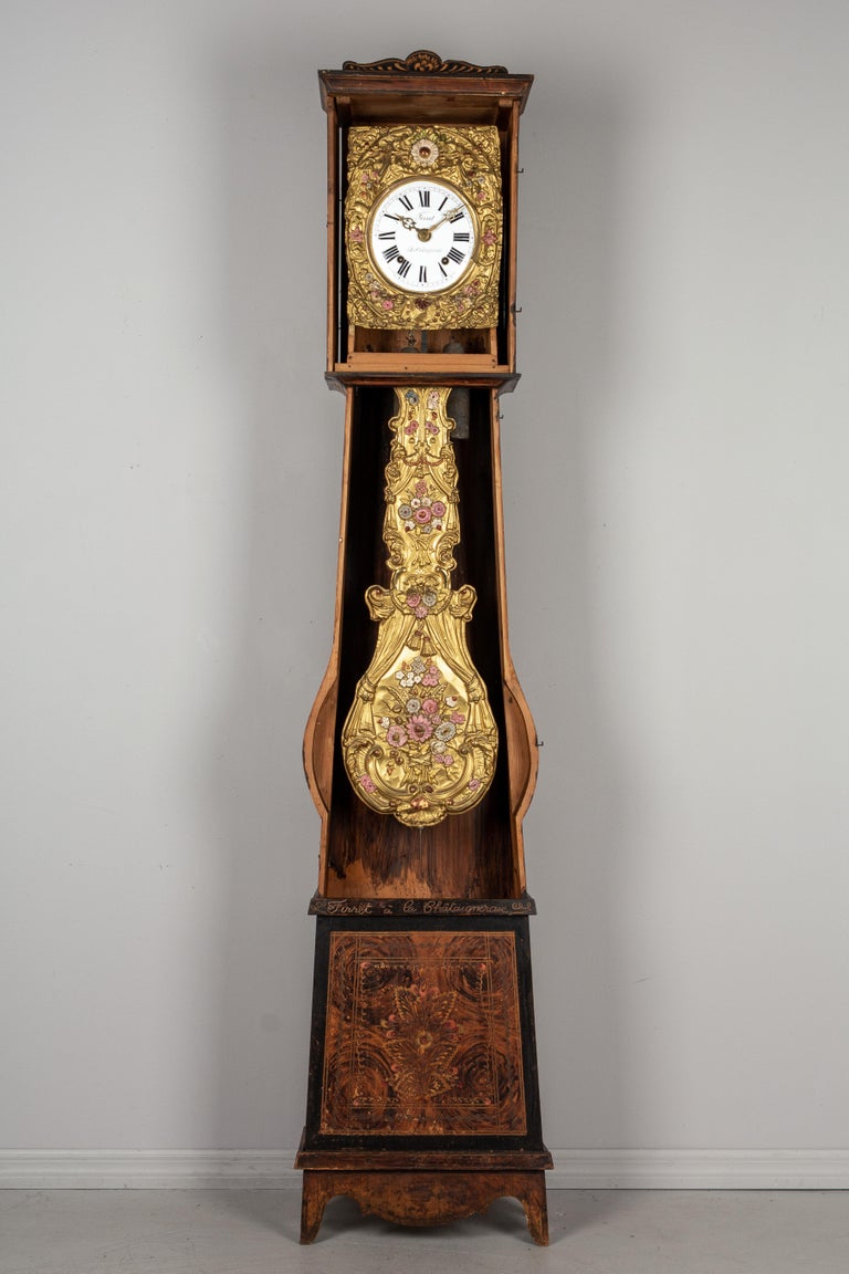 Embossed 19th Century French Comtoise Grandfather Clock For Sale