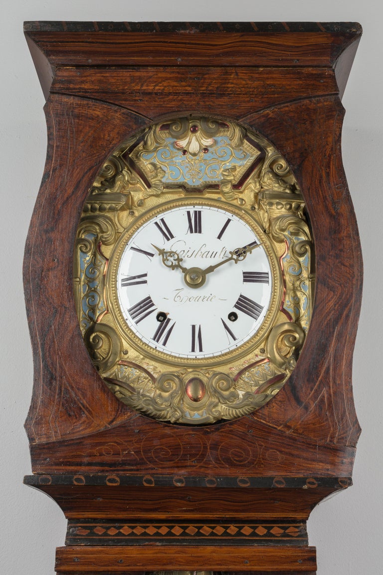 Embossed 19th Century French Comtoise Grandfather Clock with Automated Pendulum For Sale