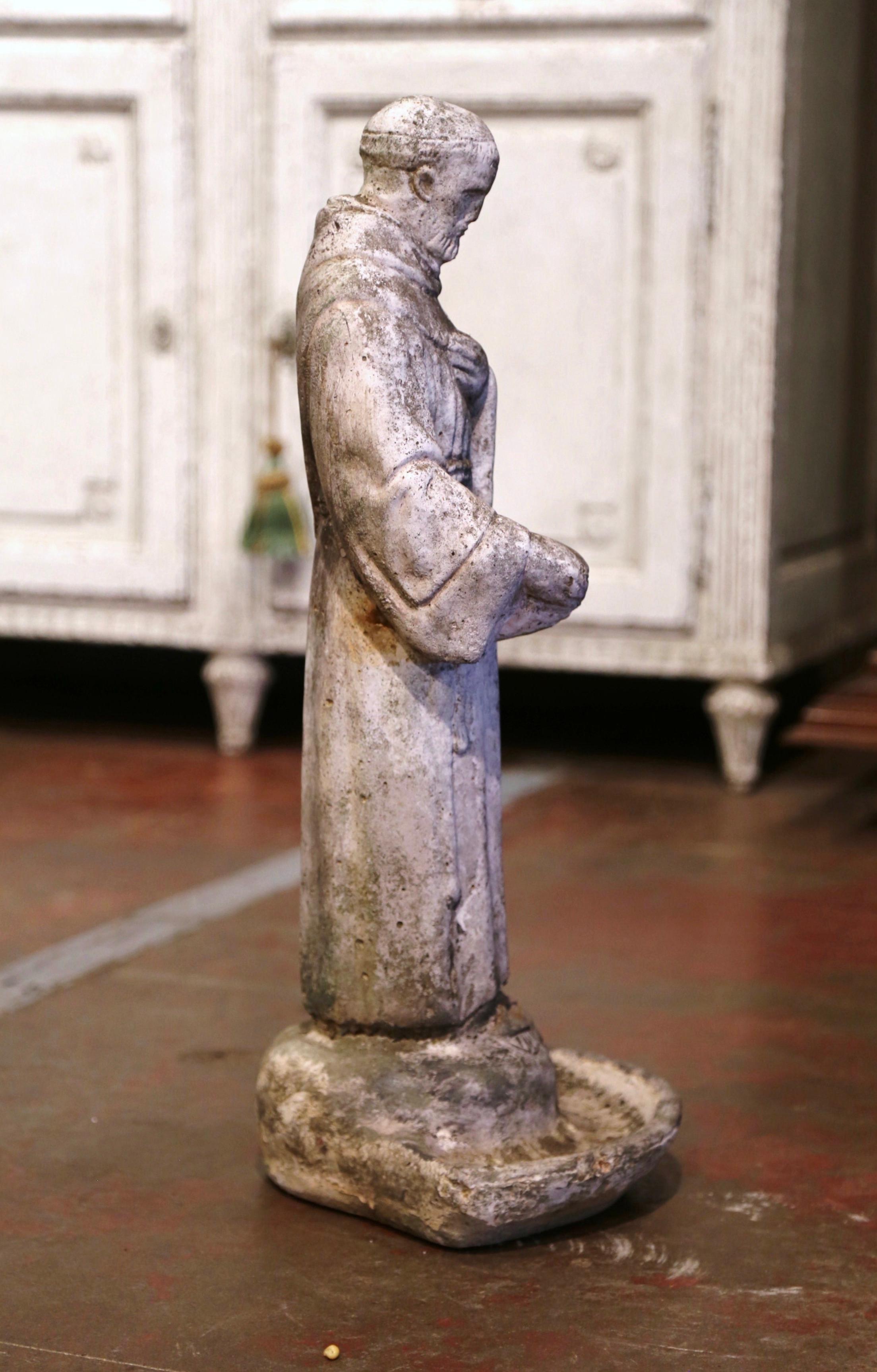 Hand-Carved 19th Century French Concrete St. Francis Bird Bath Statue