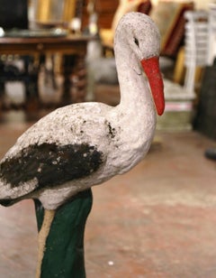 19th Century French Concrete Weathered Painted Crane Bird Garden Sculpture
