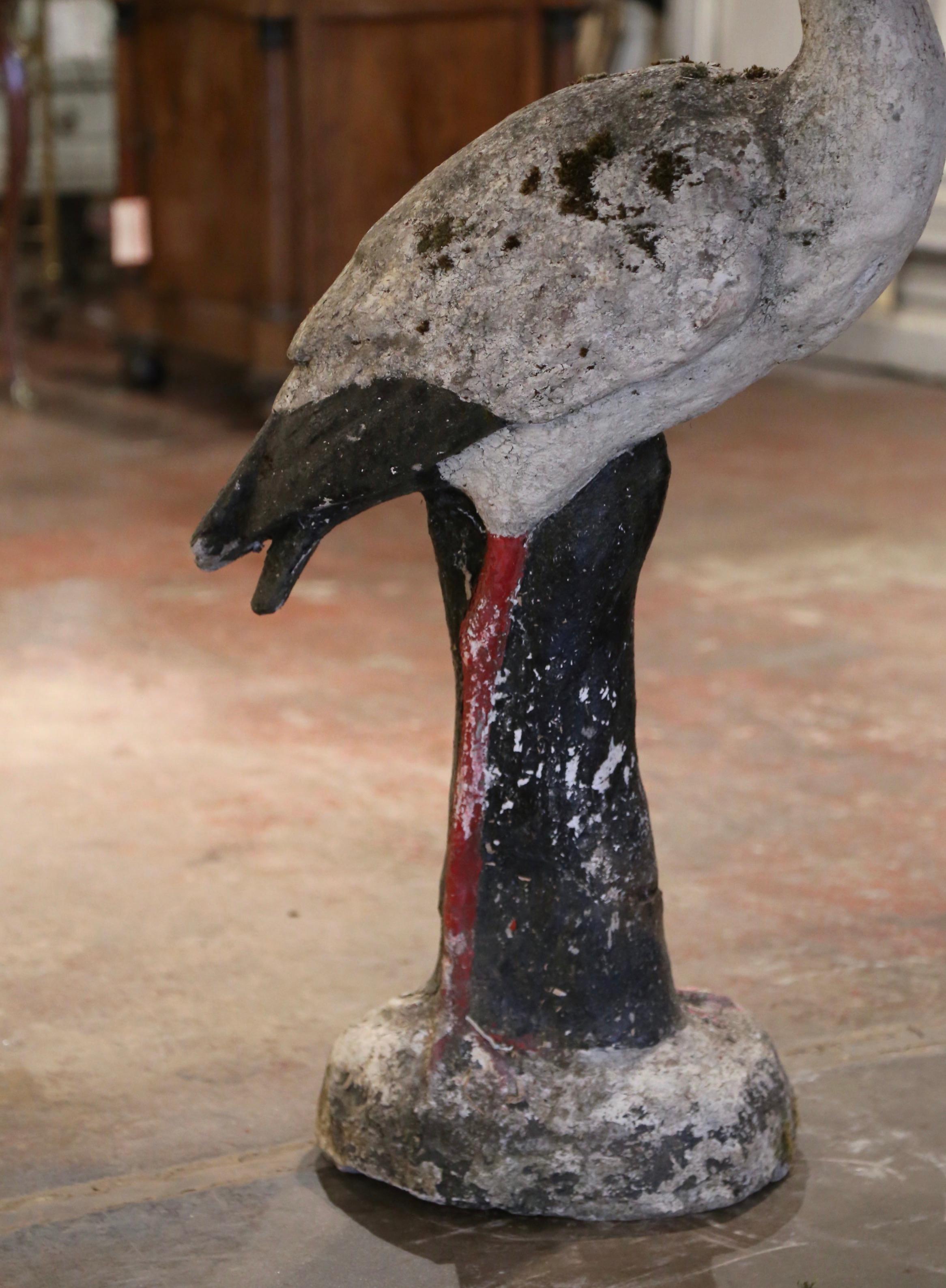 Country 19th Century French Concrete Weathered Painted Crane Bird Garden Sculpture For Sale