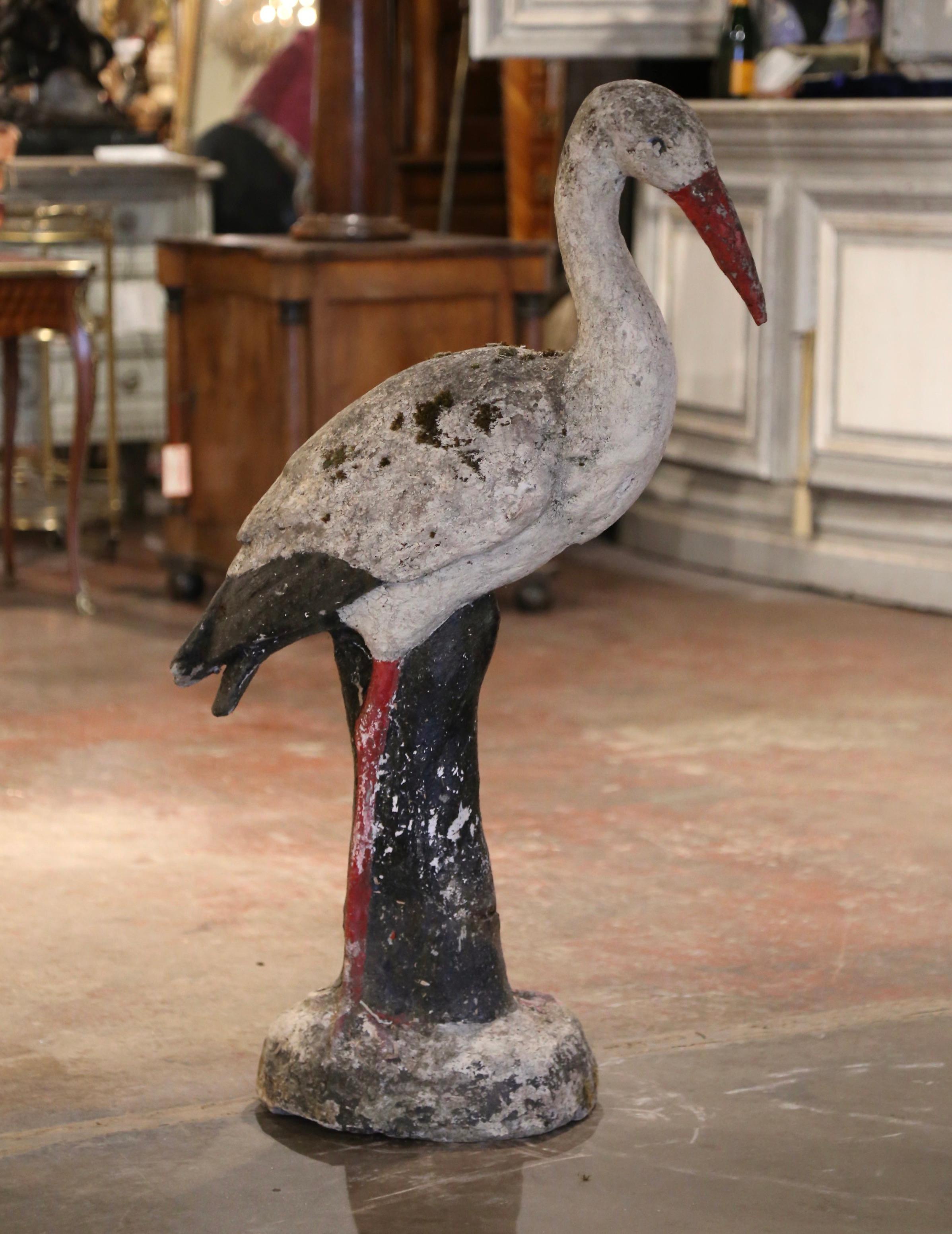 Hand-Crafted 19th Century French Concrete Weathered Painted Crane Bird Garden Sculpture For Sale