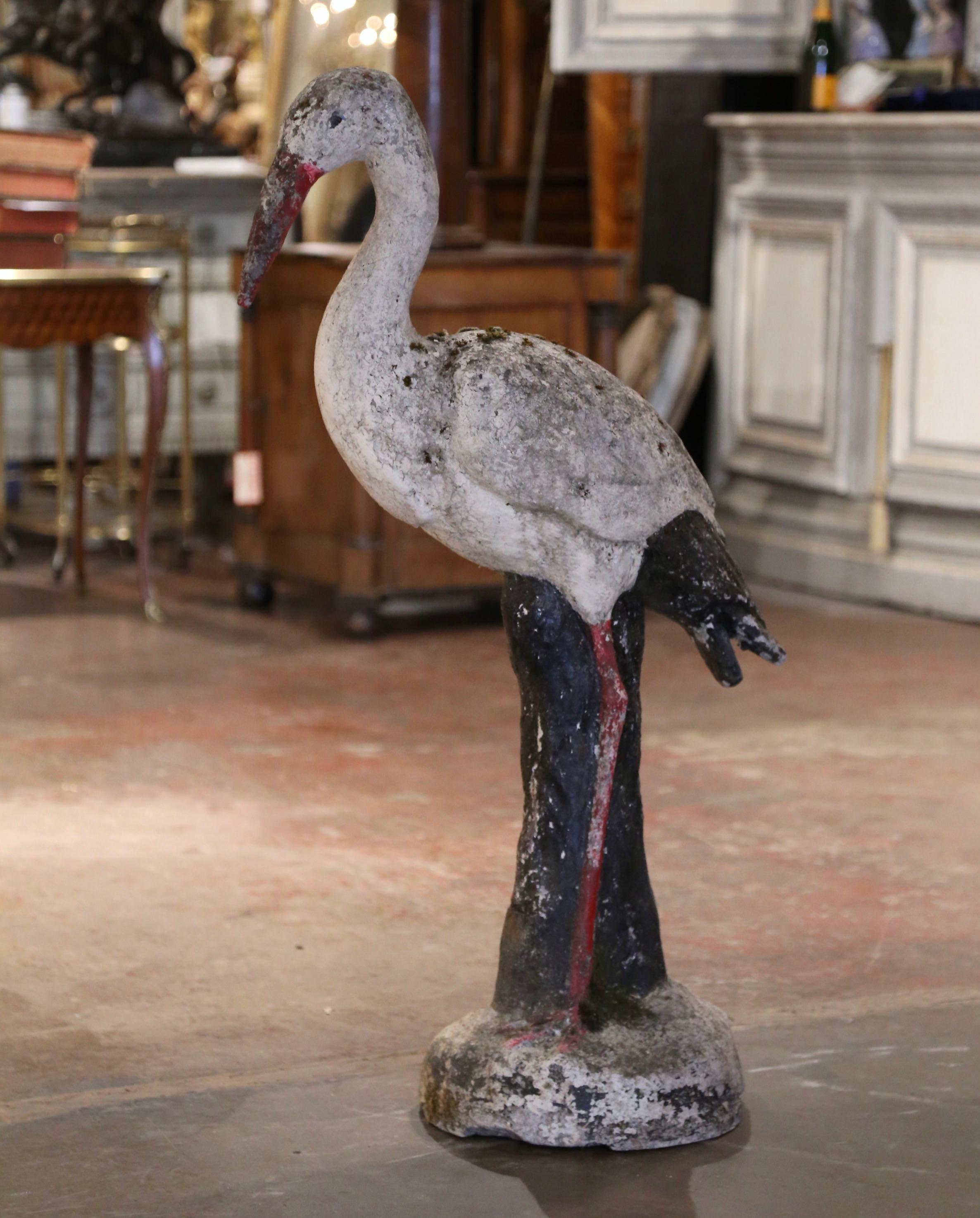 19th Century French Concrete Weathered Painted Crane Bird Garden Sculpture In Excellent Condition For Sale In Dallas, TX