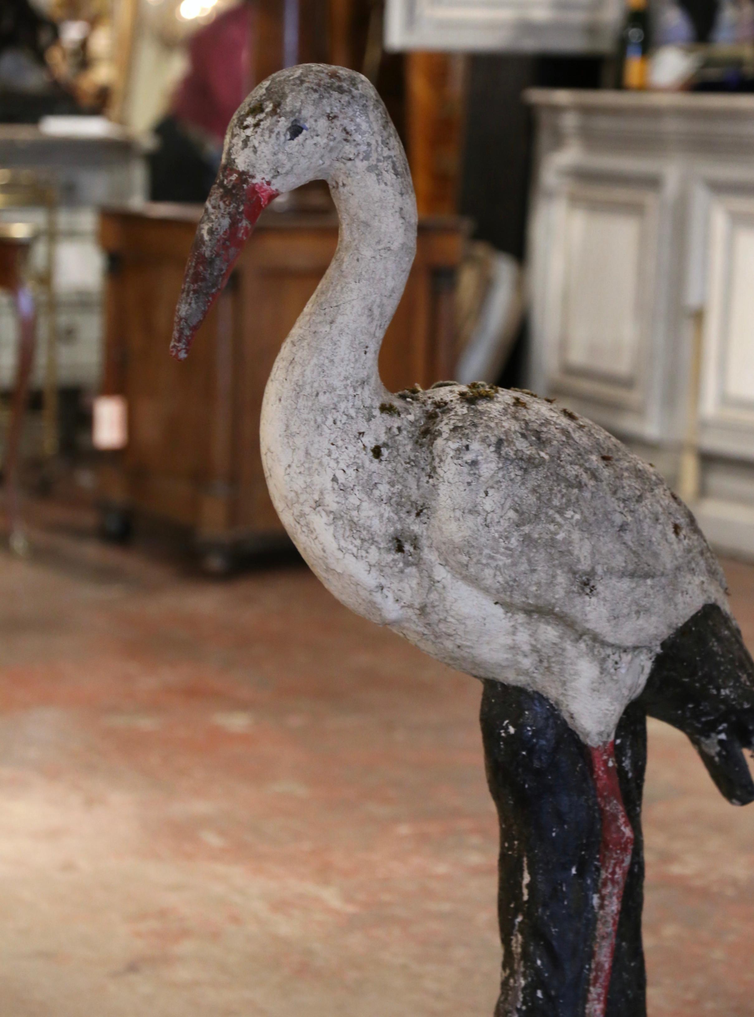 19th Century French Concrete Weathered Painted Crane Bird Garden Sculpture For Sale 2