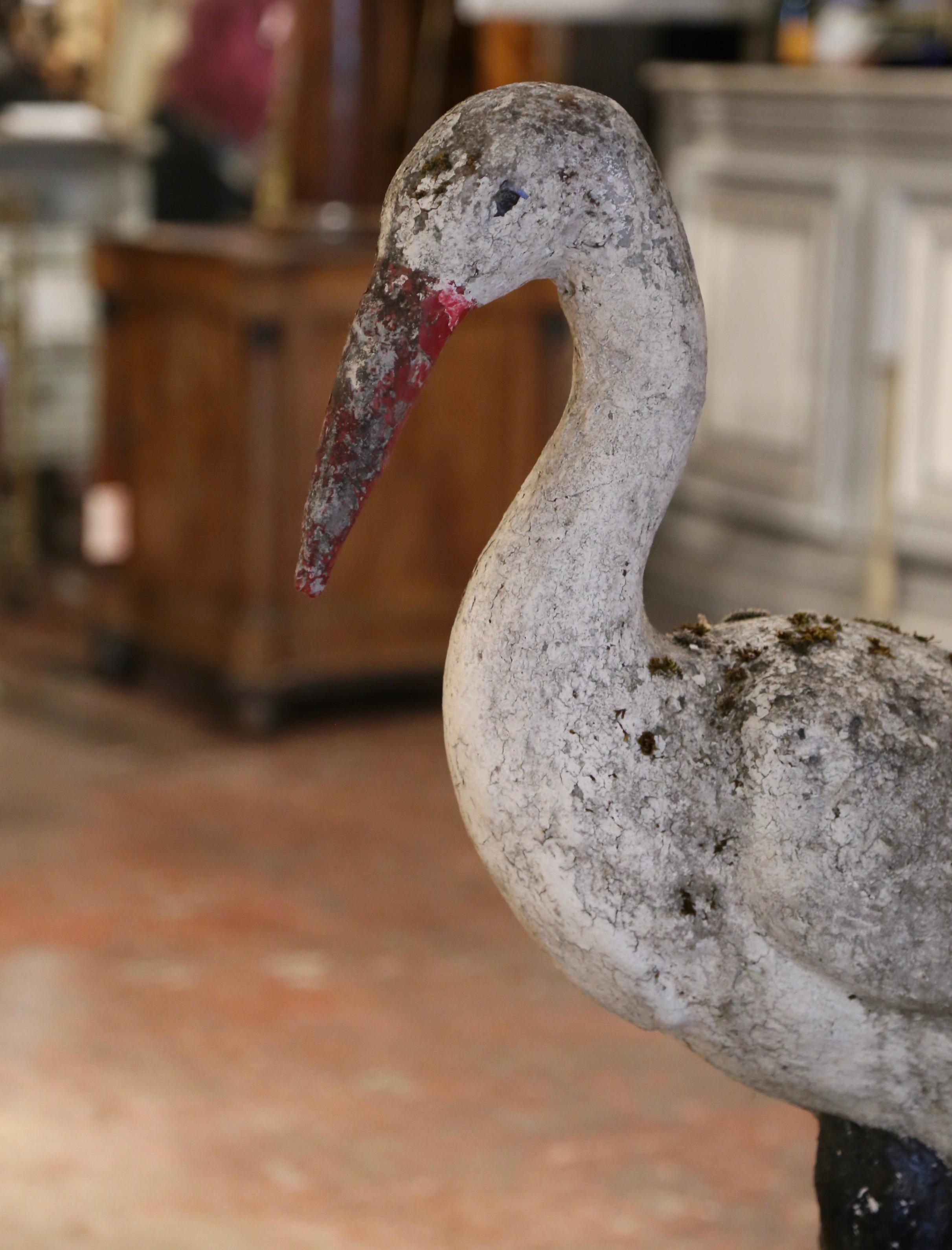 19th Century French Concrete Weathered Painted Crane Bird Garden Sculpture For Sale 3