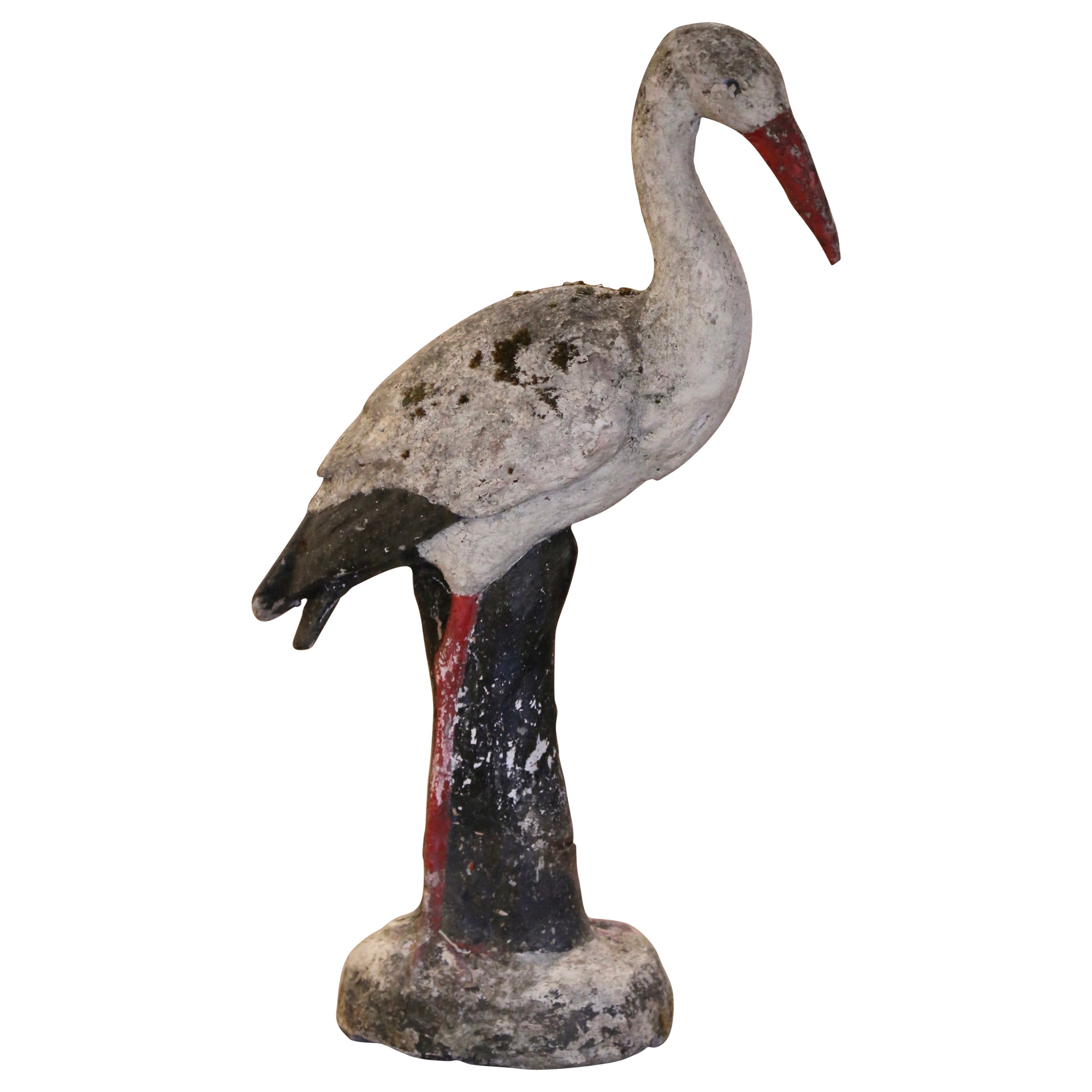 19th Century French Concrete Weathered Painted Crane Bird Garden Sculpture