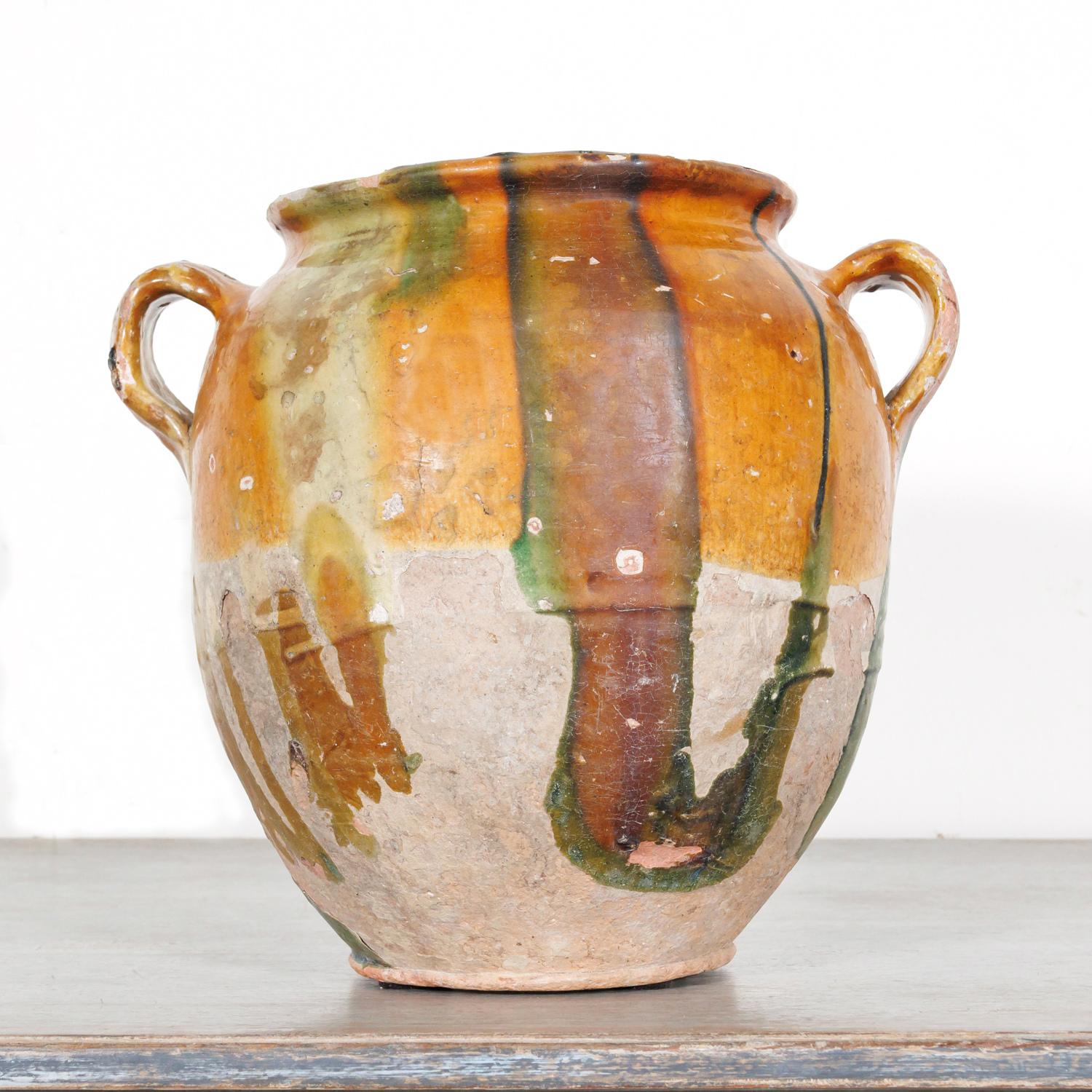 Glazed 19th Century French Confit Pot with Yellow Ochre Glaze w/Green and Caramel Drips