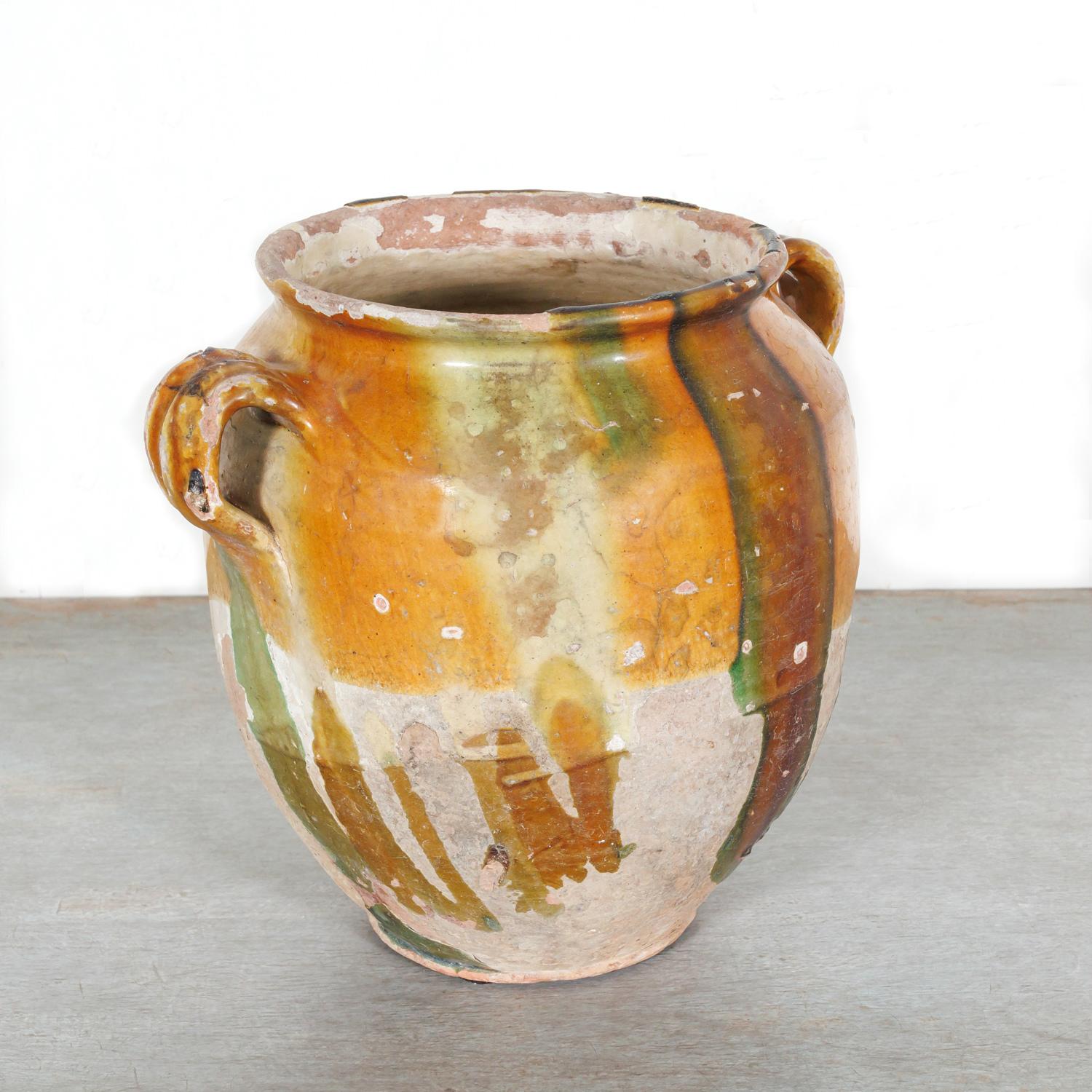 19th Century French Confit Pot with Yellow Ochre Glaze w/Green and Caramel Drips In Good Condition In Birmingham, AL
