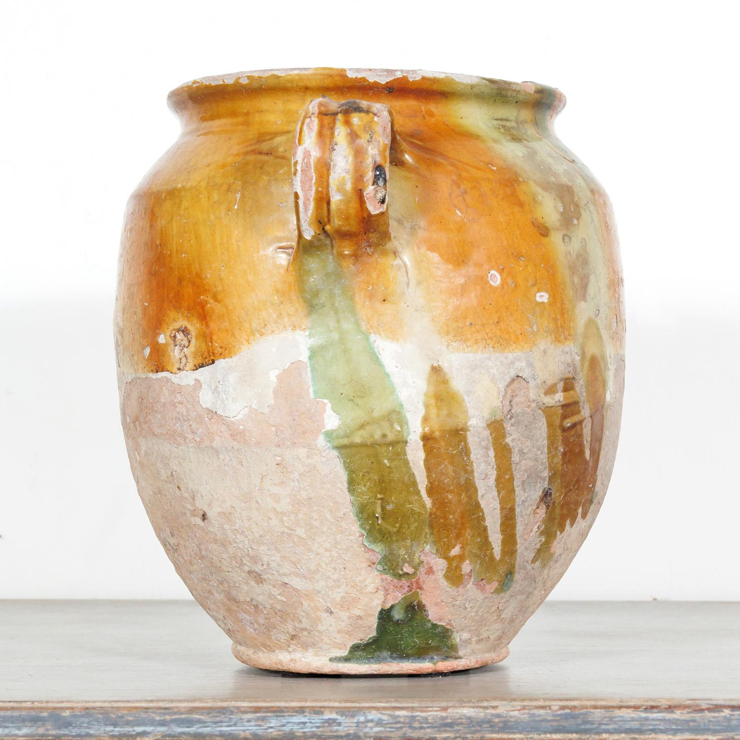 Late 19th Century 19th Century French Confit Pot with Yellow Ochre Glaze w/Green and Caramel Drips