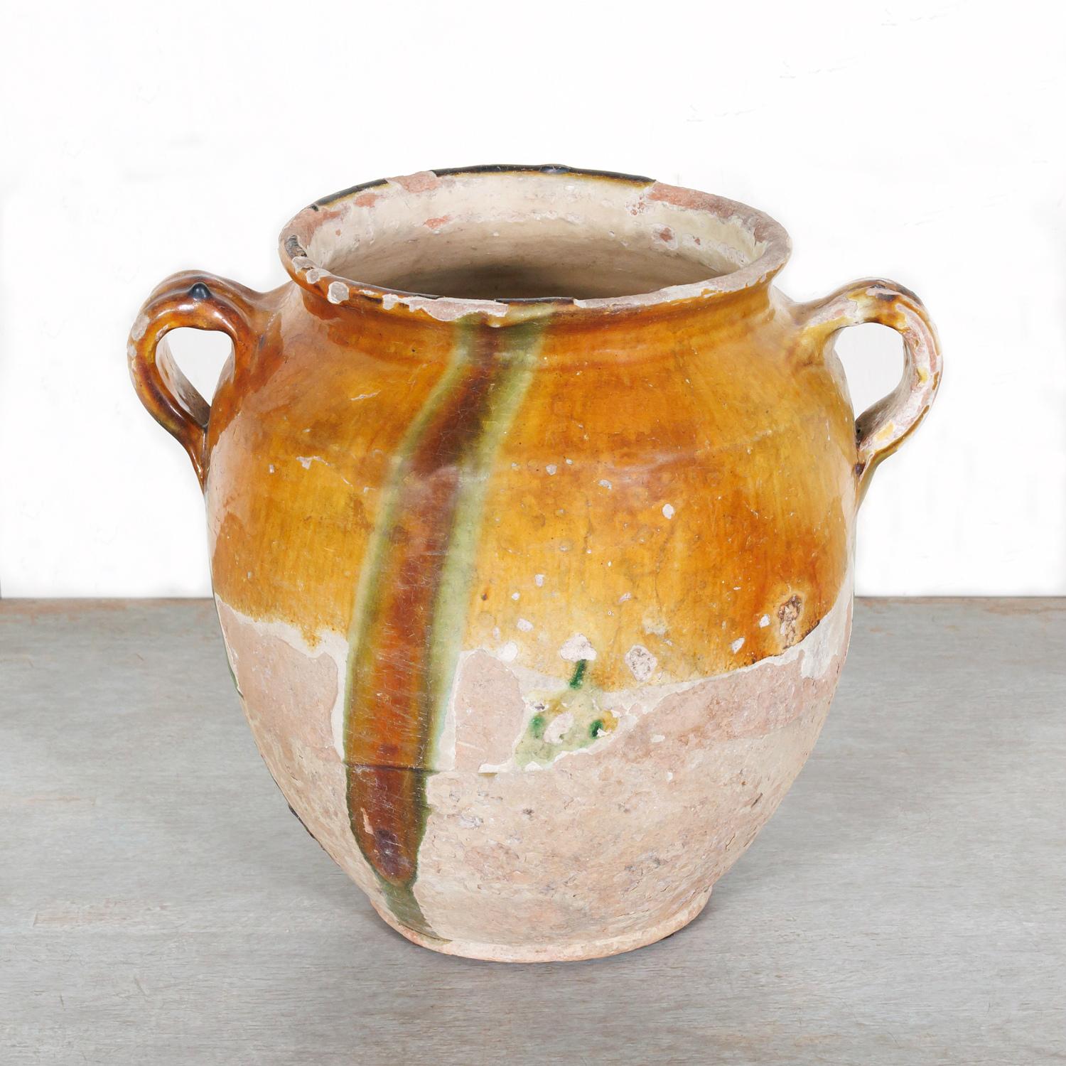 Pottery 19th Century French Confit Pot with Yellow Ochre Glaze w/Green and Caramel Drips