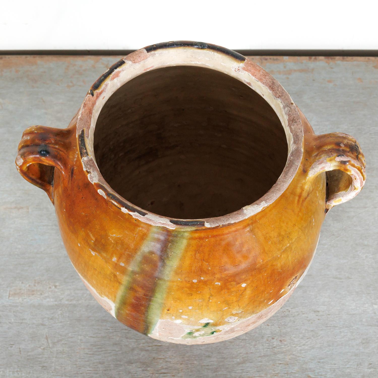 19th Century French Confit Pot with Yellow Ochre Glaze w/Green and Caramel Drips 1