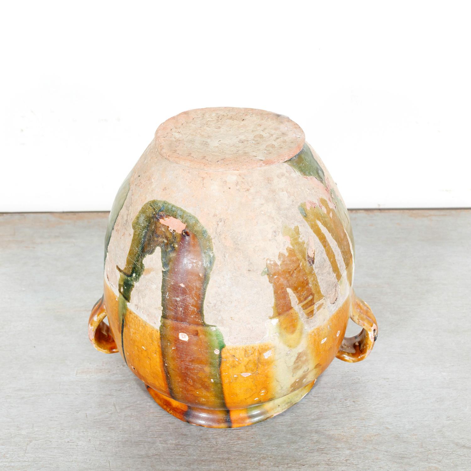 19th Century French Confit Pot with Yellow Ochre Glaze w/Green and Caramel Drips 2
