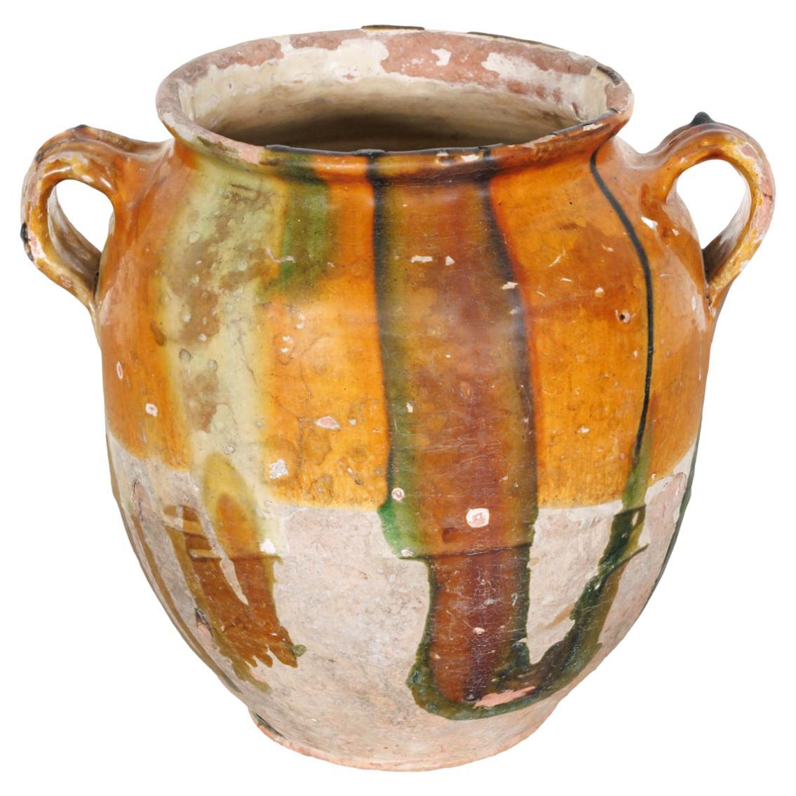 19th Century French Confit Pot with Yellow Ochre Glaze w/Green and Caramel Drips