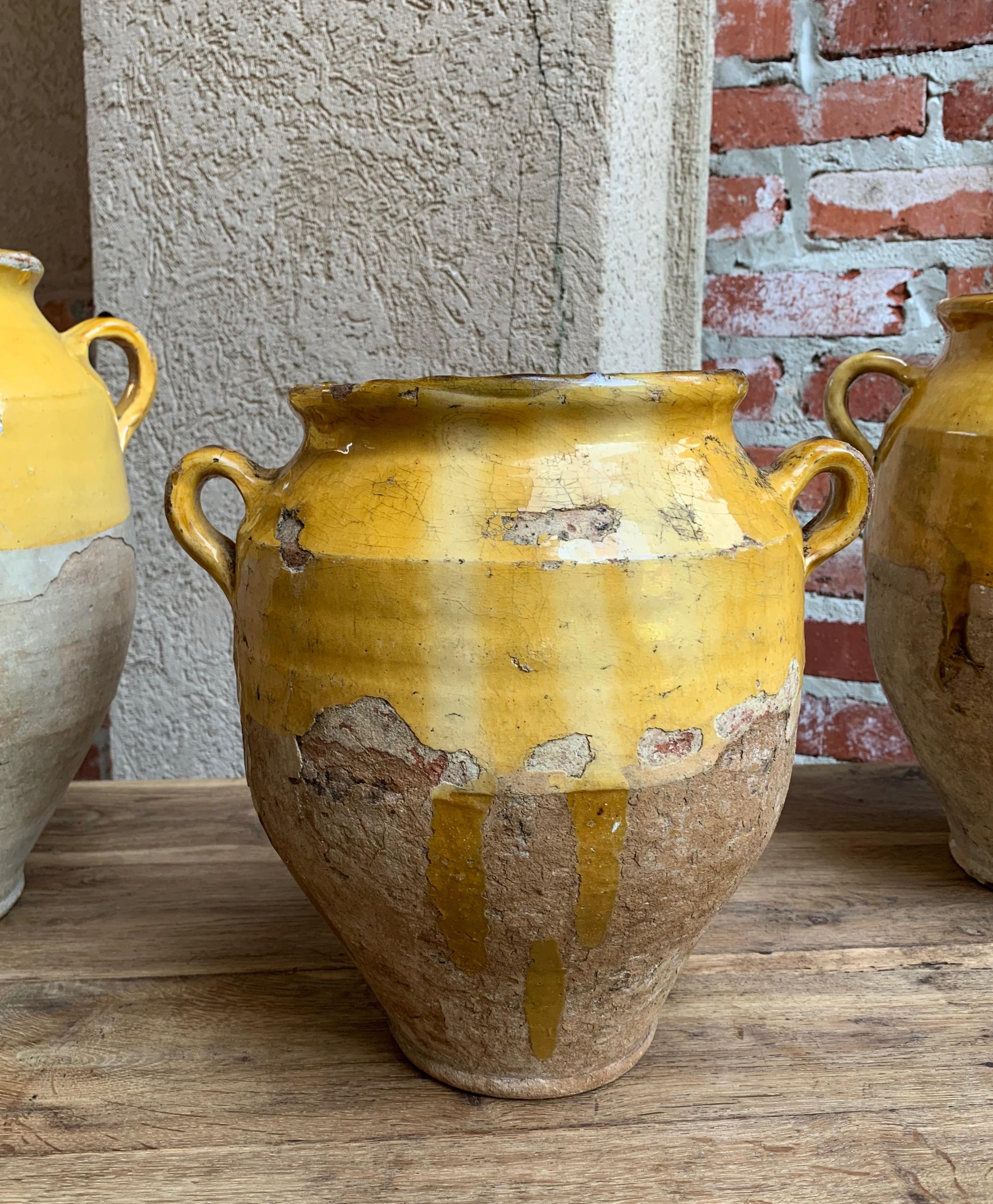 19th Century French Confit Pot Yellow Mustard Glazed Pottery Terracotta Vessel C In Good Condition In Shreveport, LA
