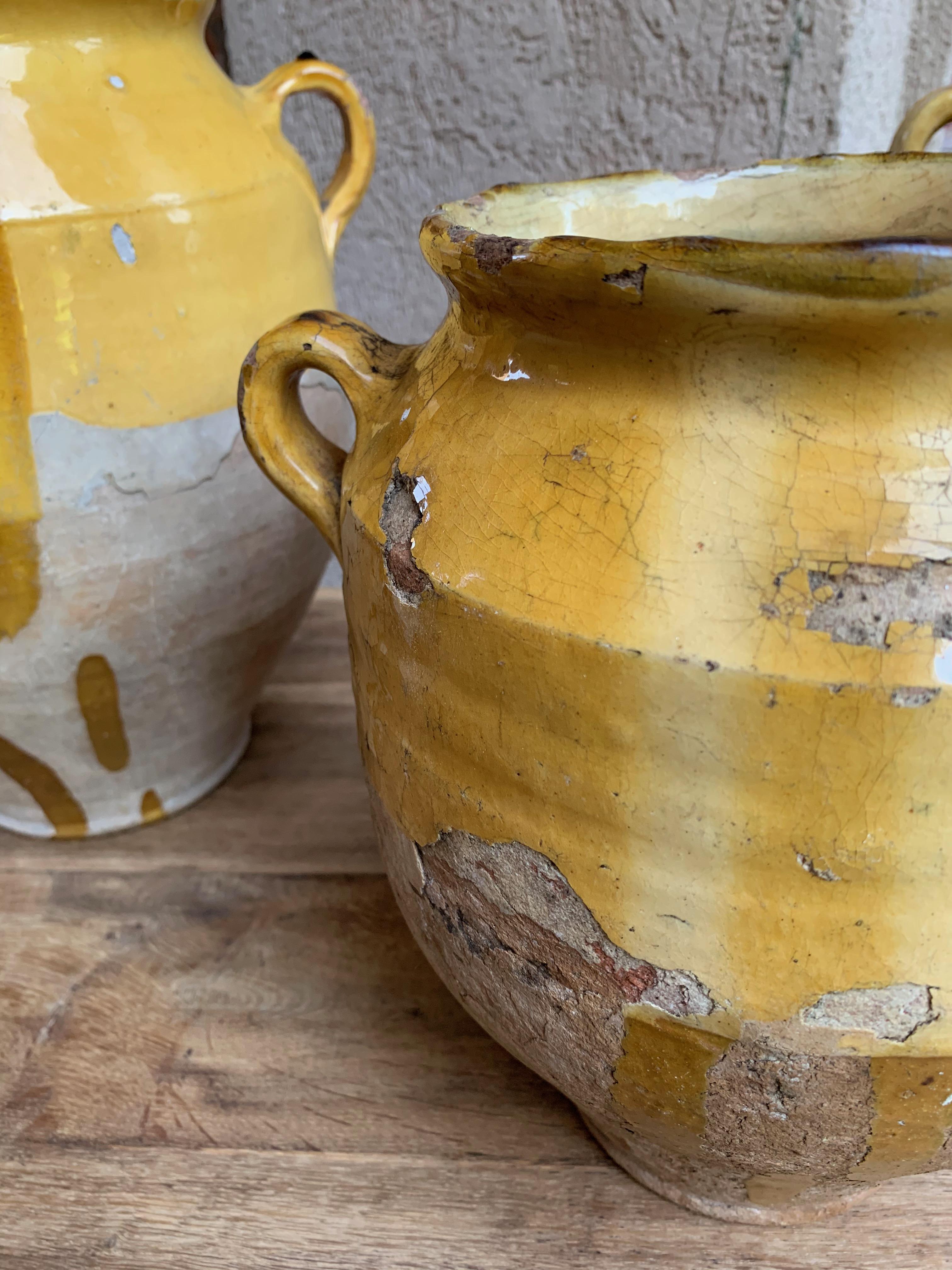 19th Century French Confit Pot Yellow Mustard Glazed Pottery Terracotta Vessel C 1