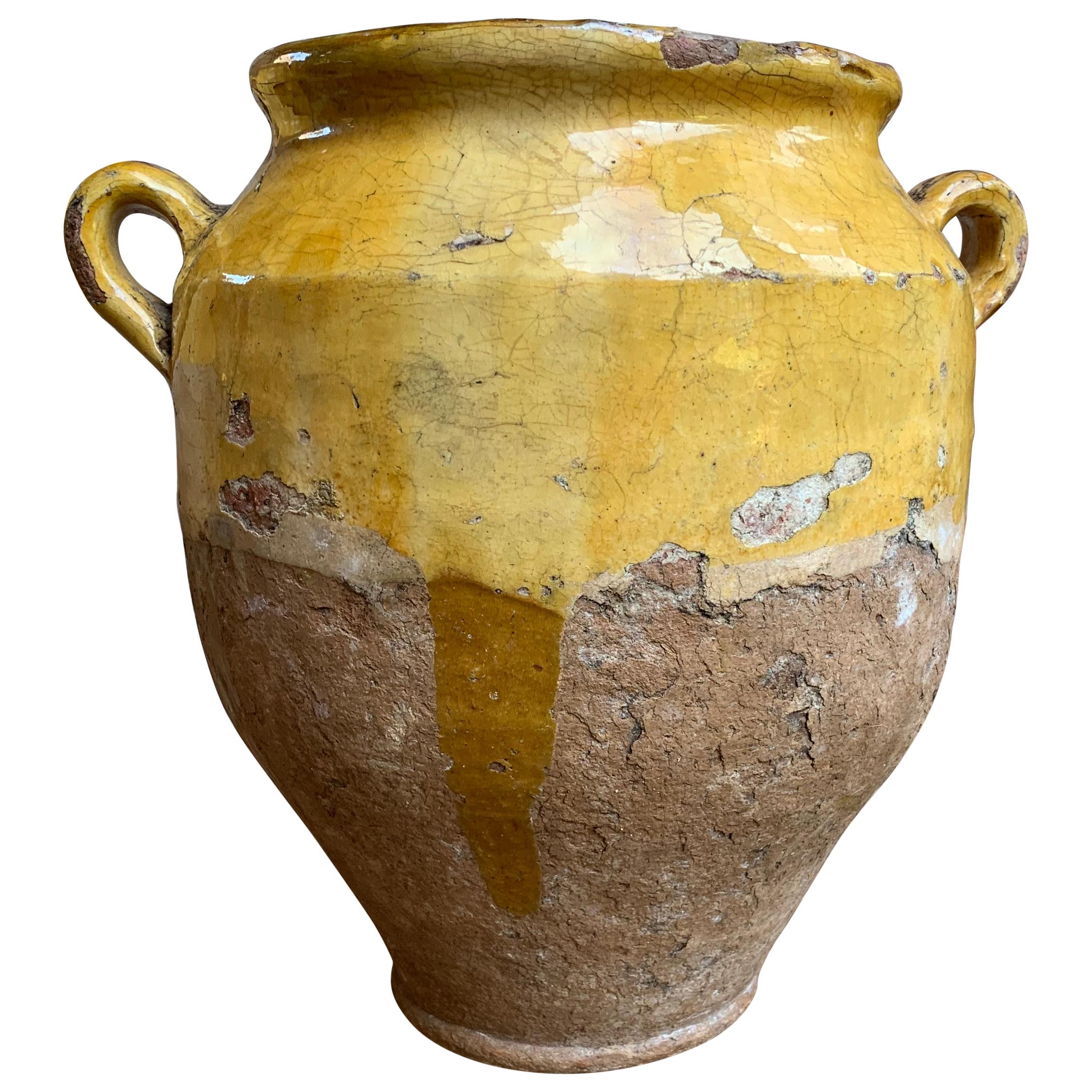 19th Century French Confit Pot Yellow Mustard Glazed Pottery Terracotta Vessel C