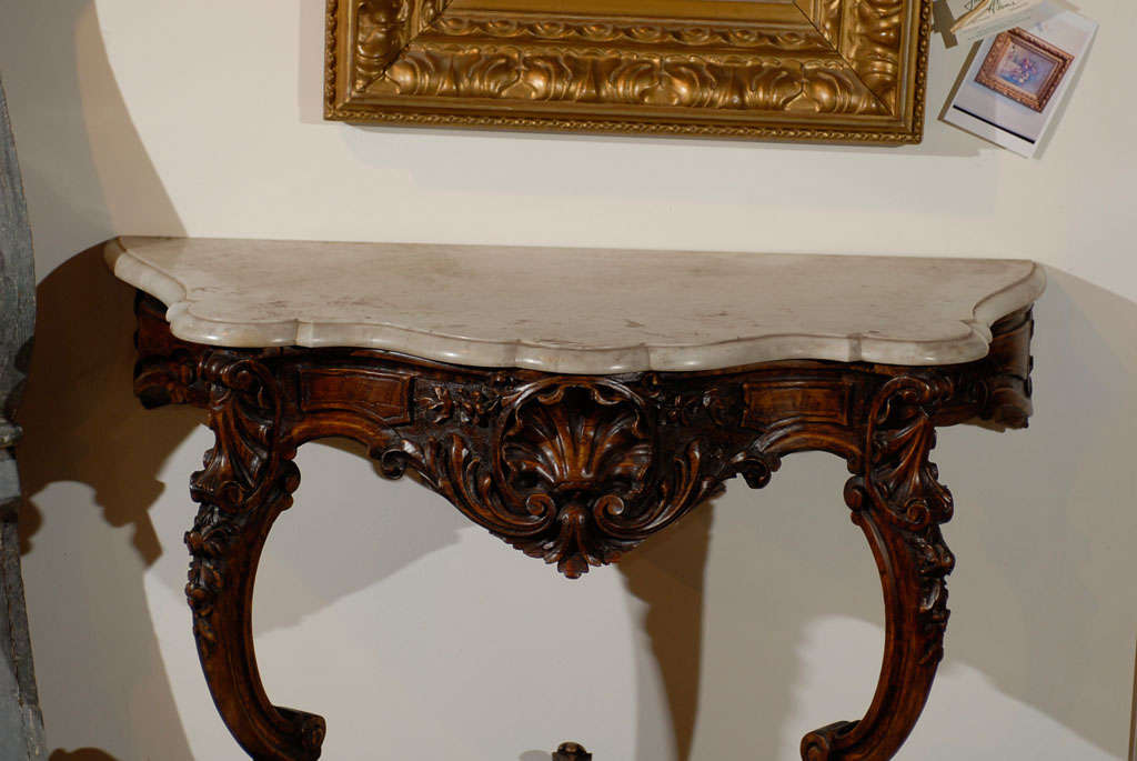 French Rococo Style 19th Century Carved Wooden Console Table with Marble Top In Good Condition In Atlanta, GA