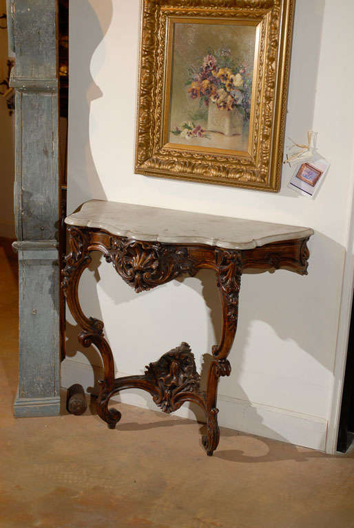 French Rococo Style 19th Century Carved Wooden Console Table with Marble Top 2