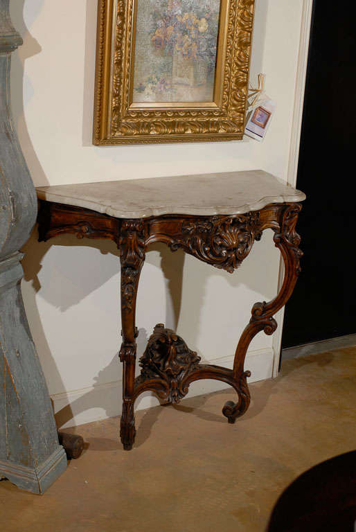 French Rococo Style 19th Century Carved Wooden Console Table with Marble Top 3