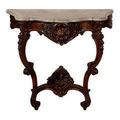 Antique French Rococo Style 19th Century Carved Wooden Console Table with Marble Top