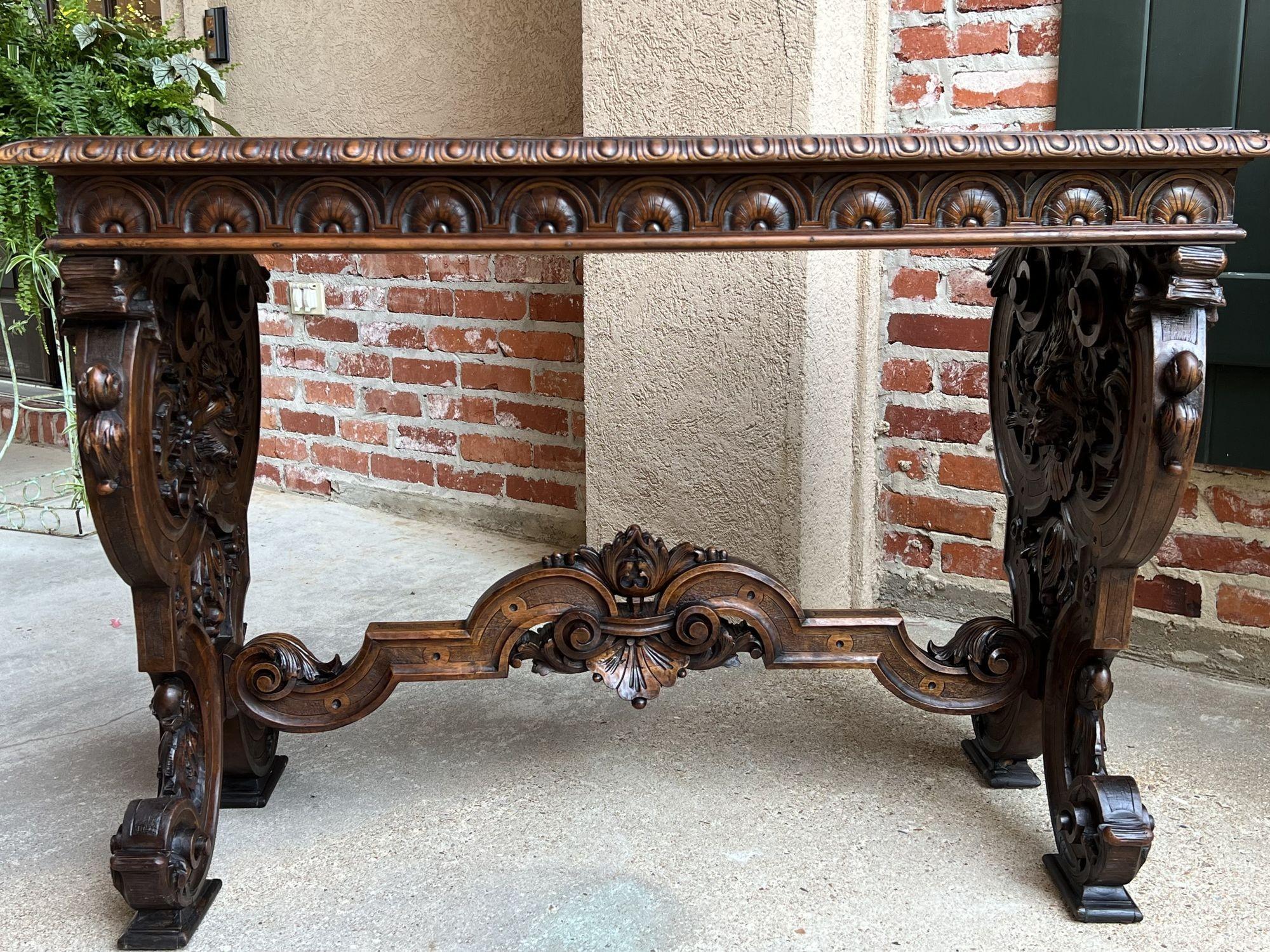 Antique French Console Sofa Table Louis XIV Carved Walnut Lyre Scroll c1880 For Sale 6
