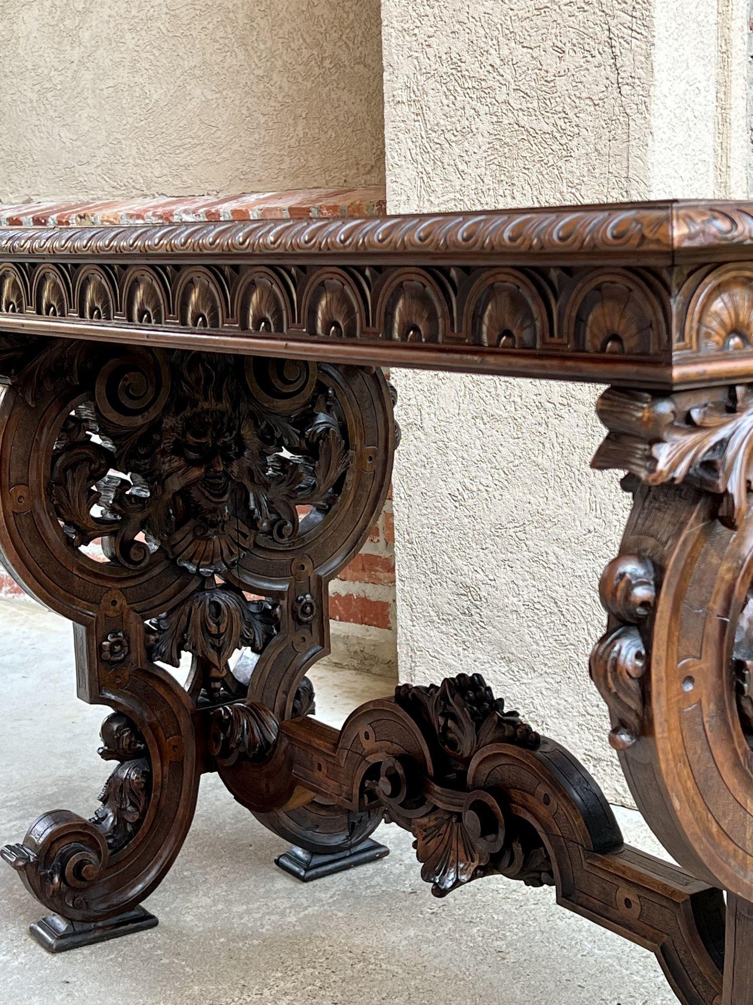 Antique French Console Sofa Table Louis XIV Carved Walnut Lyre Scroll c1880 For Sale 8